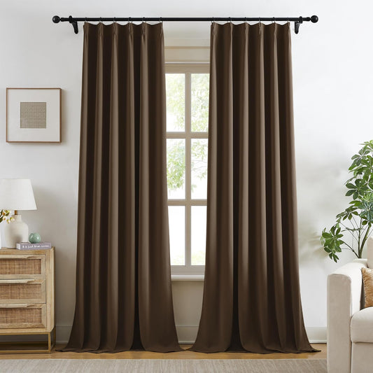 KangBang Brown Pinch Pleated Blackout Curtains 108 Inches Long for Hall Windows, Sound Dampening Light Blocking Soft & Vertical Window Panels Ceiling to Floor for Villa 2 Panels, 40Wx108L