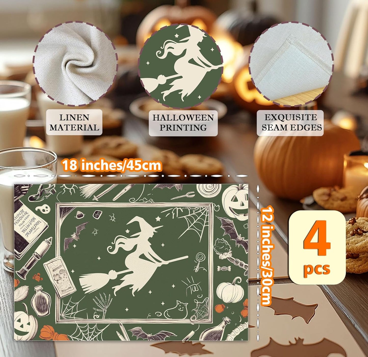 Halloween Bat Placemats Set of 4, 12x18 Inch Pumpkin Witch Table Mats, Washable Heat Resistant Place Mats for Kitchen Dining Table, Halloween Spooky Themed Decoration for Home-B10
