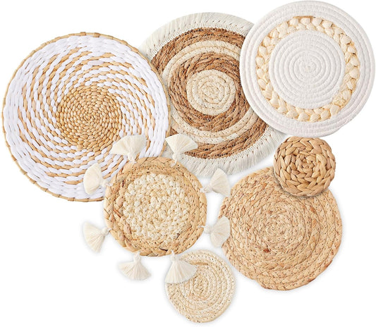 7 Pack Boho Wall Basket Decor - Seagrass Rattan Wicker Wall Decor Round Handmade Hanging Rustic Flat Elegant Wall Art for Farmhouse Living Rooms Bedrooms Display Table Settings Kitchen Home