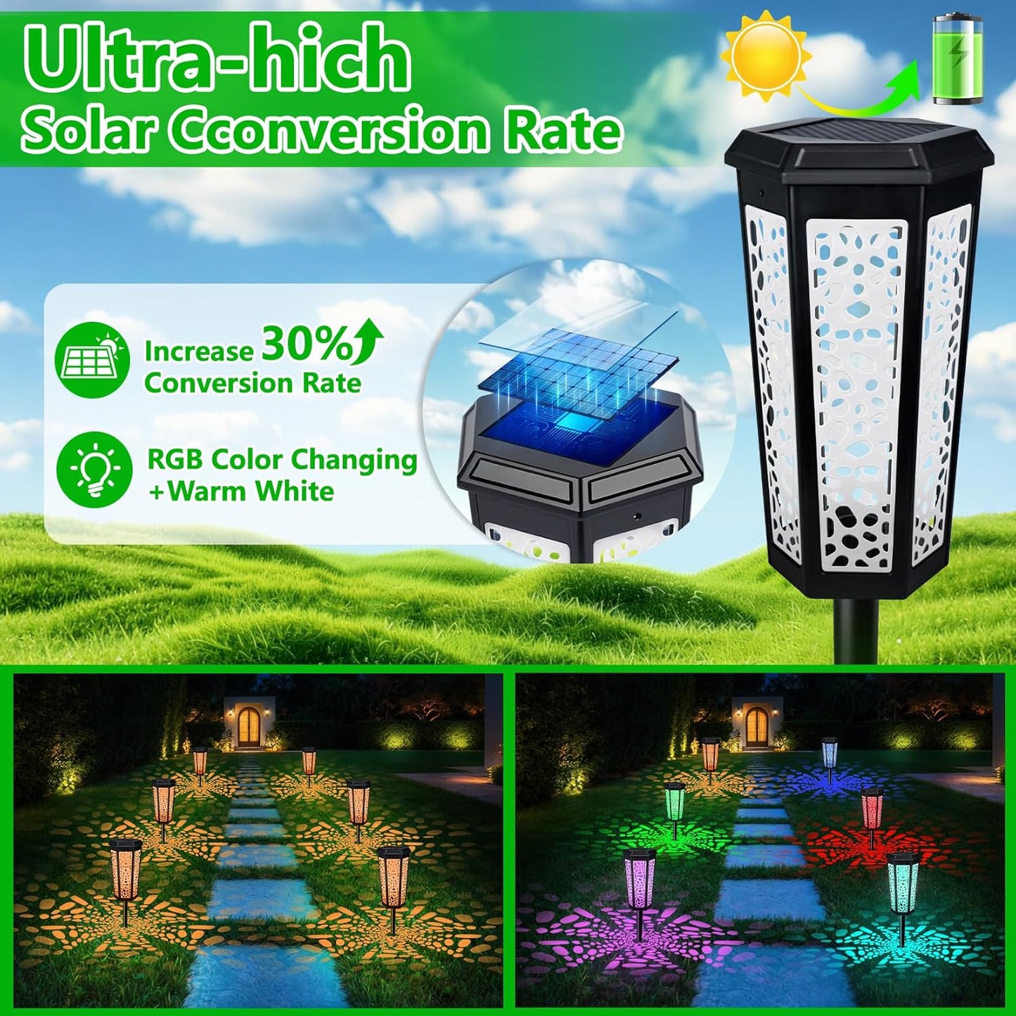 Solar Pathway Landscape Lights 4 Pack, RGB Color Changing+Warm White Outdoor Waterproof Solar Yard Lights for Garden Sideway Outside, Patio, Path, Yard, Walkway, Driveway, 2 Modes