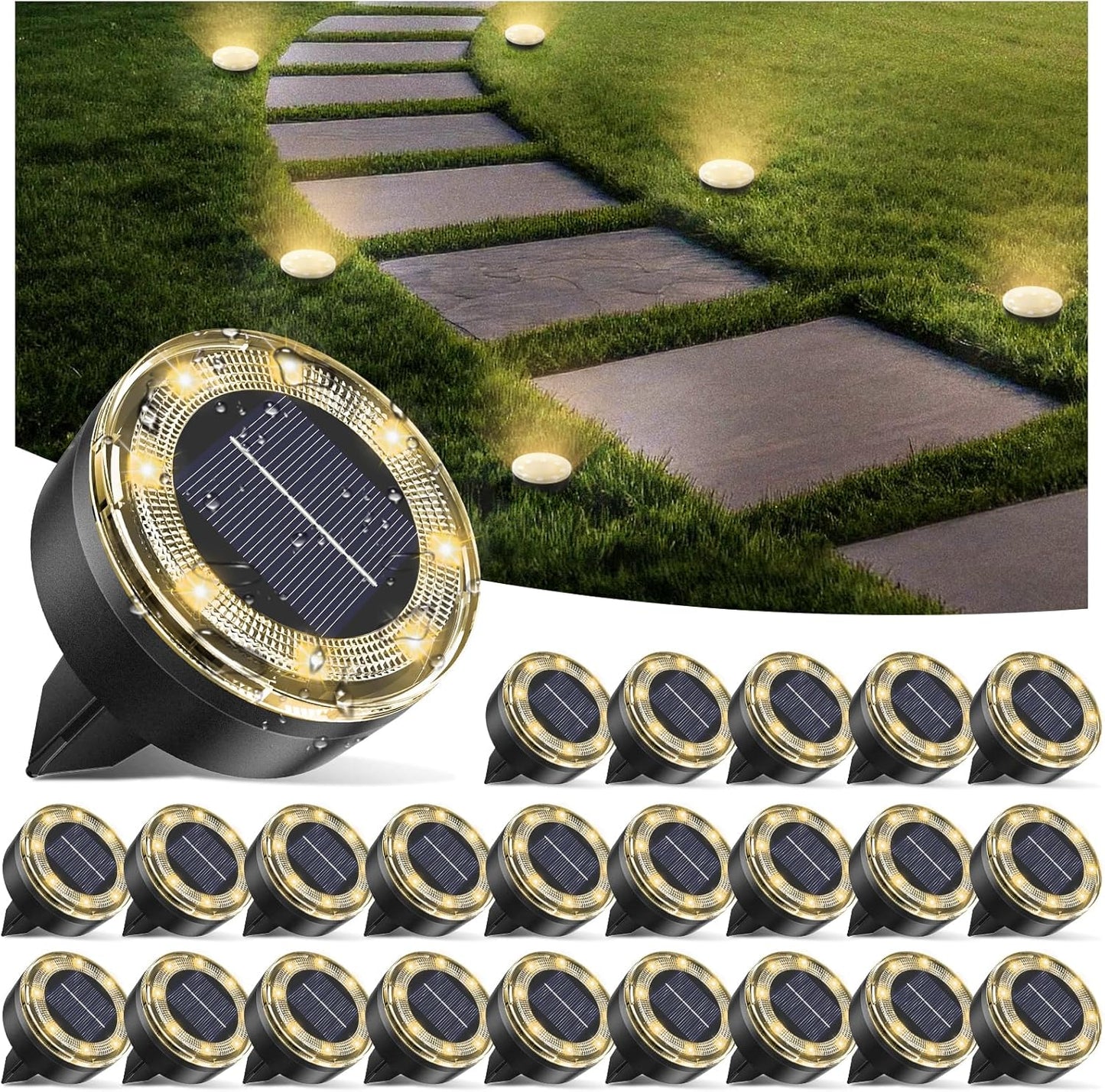 Mini Solar Ground Lights, 24 Pack Solar Lights Outdoor Waterproof, Upgraded LED Flat Landscape Lighting for Outside Pathway Garden Patio Yard Driveway,Warm White