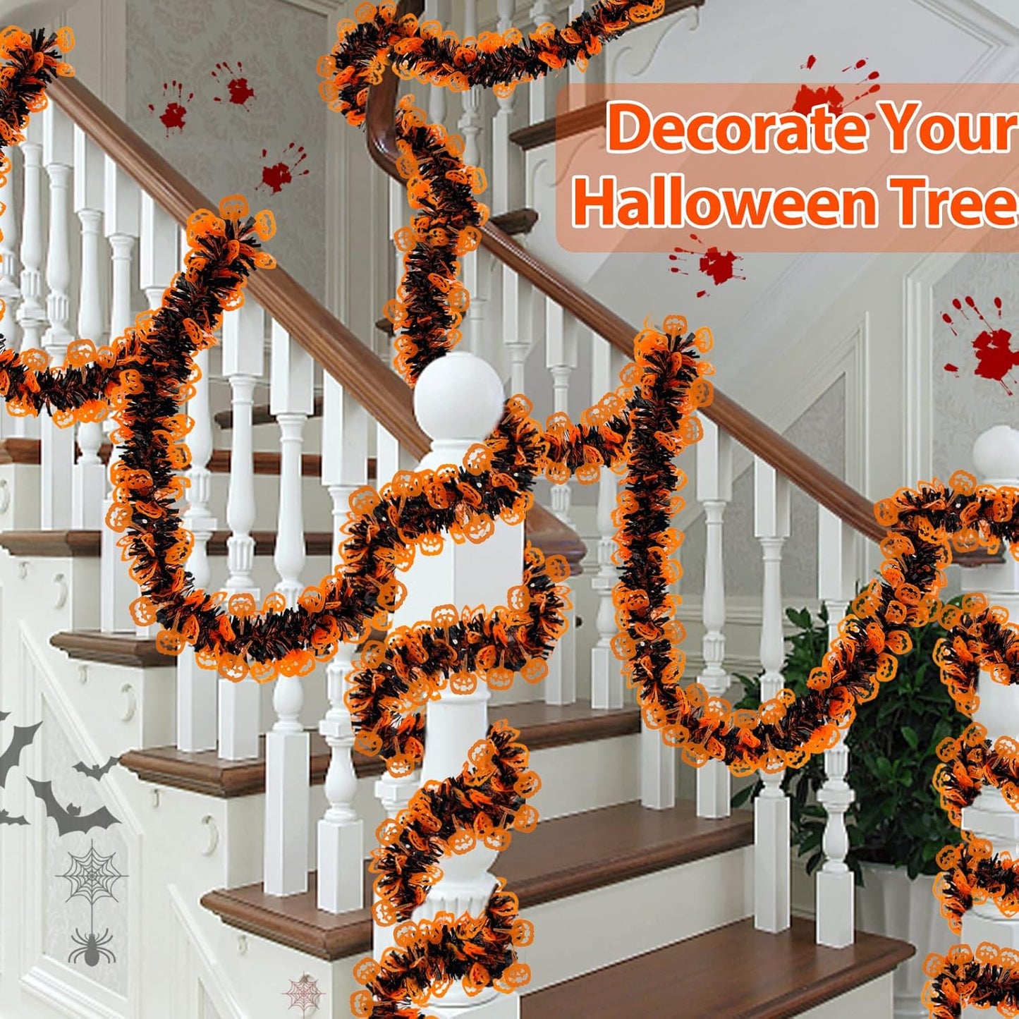 TURNMEON 2 Pack Halloween Garland Total 66 Ft Halloween Tinsel Garland with Black Orange Pumpkin Metallic Twist Black Tinsel Garlands Outdoor Halloweens Decorations Indoor for Home Mantle Door Tree