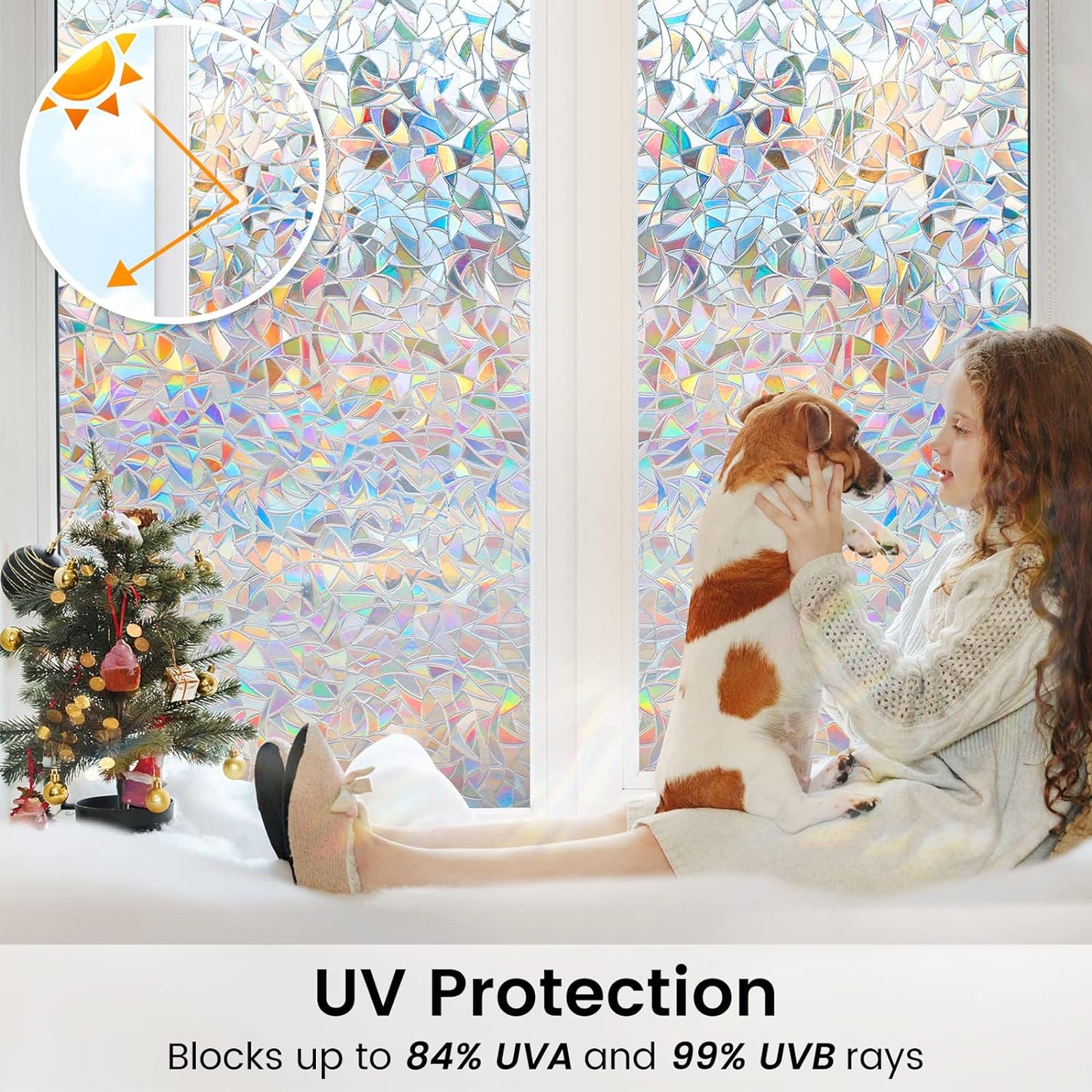 DOWELL Window Privacy Film, Rainbow Window Film, Decorative Stained Glass Clings, Static Cling Door Sticker, Non-Adhesive 3D Decals for Home UV Protection, 35.4 x 157.5 inches