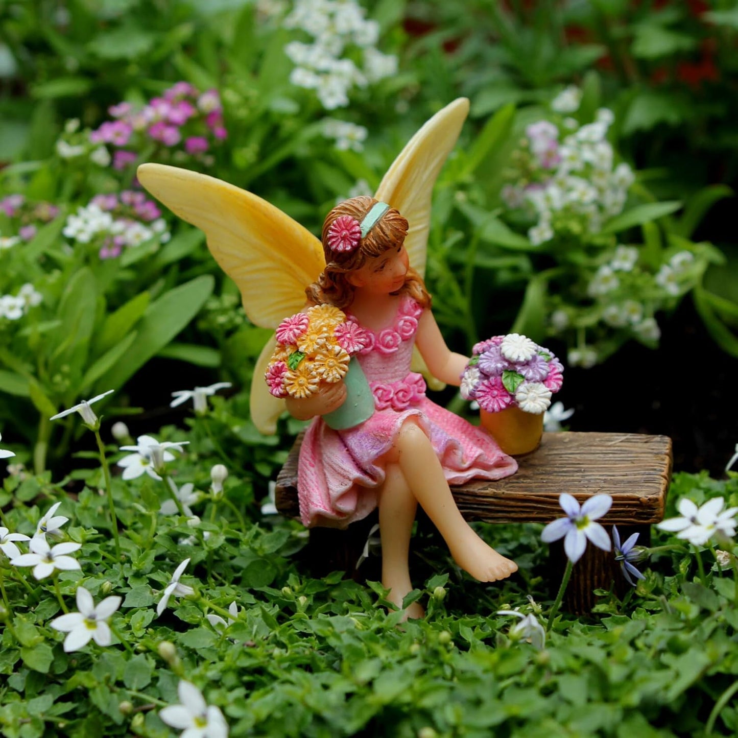 PRETMANNS Fairy Garden Fairy – Adorable Accessory for Indoor or Outdoor Miniature Garden – Small Figurine Isabella Sitting on a Bench – 1 Item