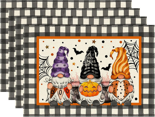 XCHI Spooky Boo Plaid Gnome Halloween Placemats Set of 4 Table Mats for Party Home Kitchen Dining Table Decorations 12x18 Inch