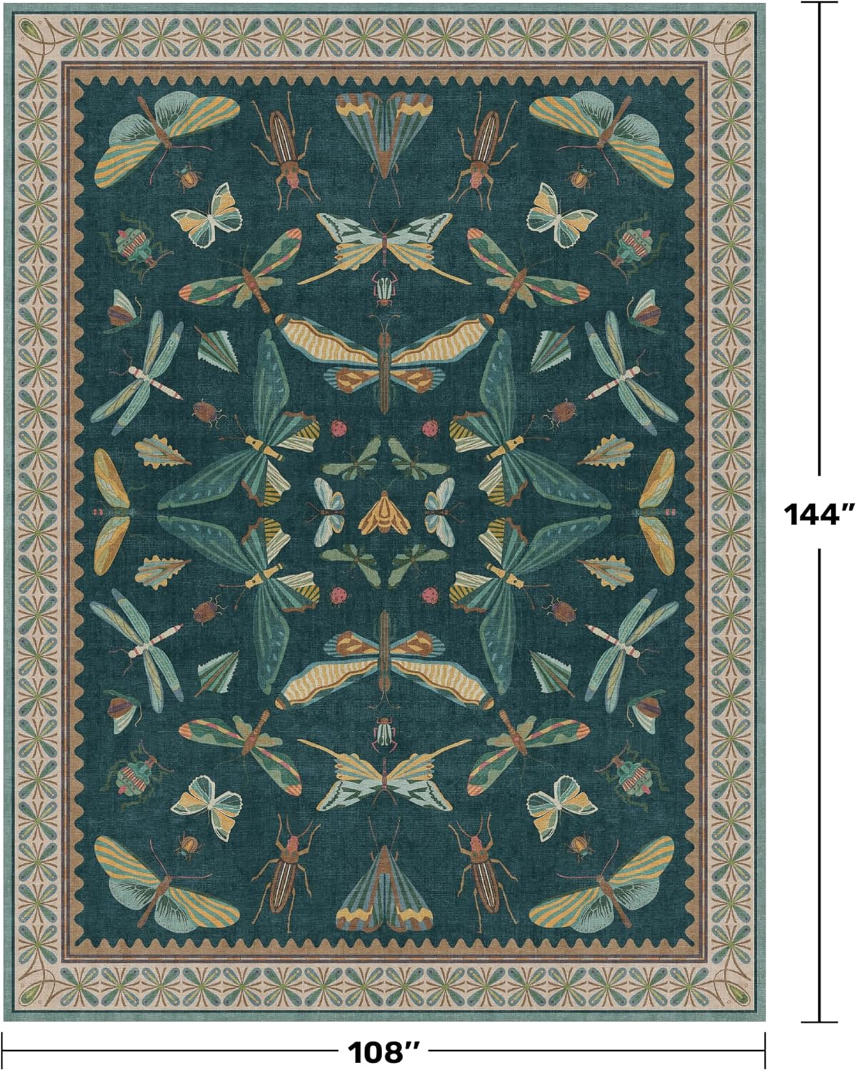 9x12 Large Living Room Rug - Dark Teal Multi Dining Room Rugs for Under Table, Bedroom, Kids Room, Classroom, Insect Butterfly Floral Décor, Lightweight Non Slip Low Pile