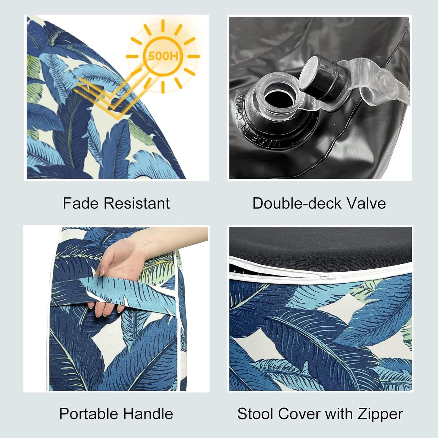 LVTXIII Indoor/Outdoor Inflatable Ottoman, D31 x H14 Inch Large Round Ottoman, All Weather Foot Rest Stool, Portable Footrest for Patio, Garden, Camping and Home - Swaying Palms Blue