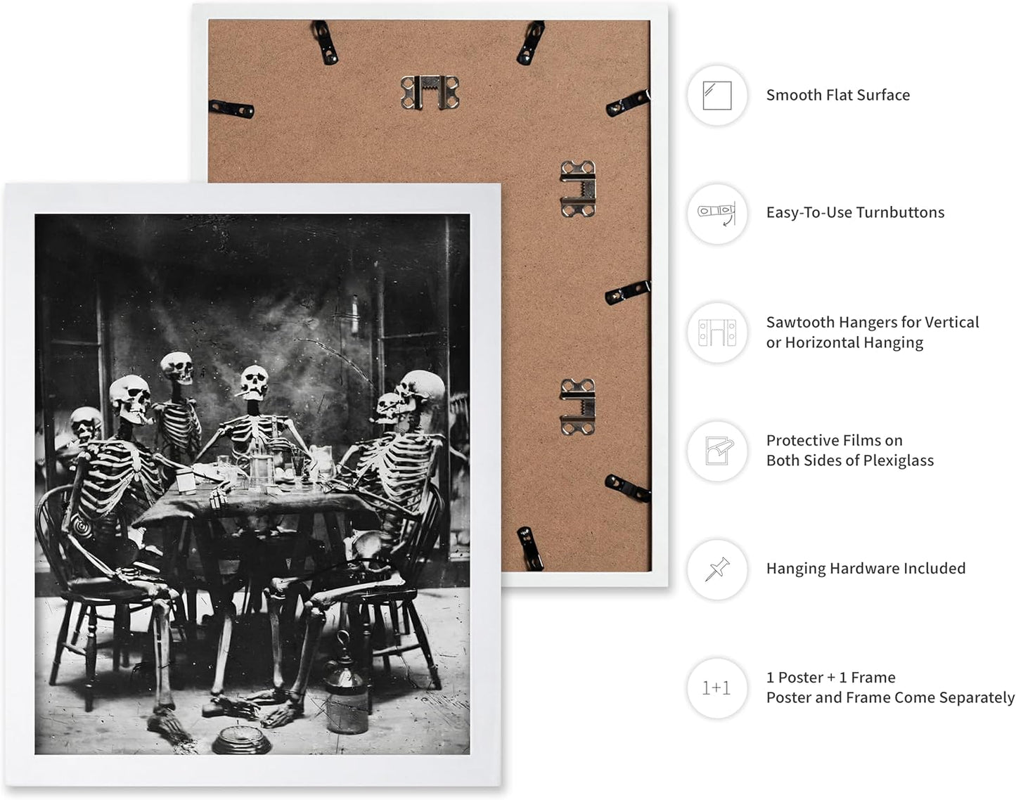 Poster Master Vintage Photograph Poster - Retro Daguerreotype Print - Gift for Artist, Friend - Skeletons Smoking at Table, Dinner Party, Goth - Wall Decor for Home, Dorm, 11x14 White Framed