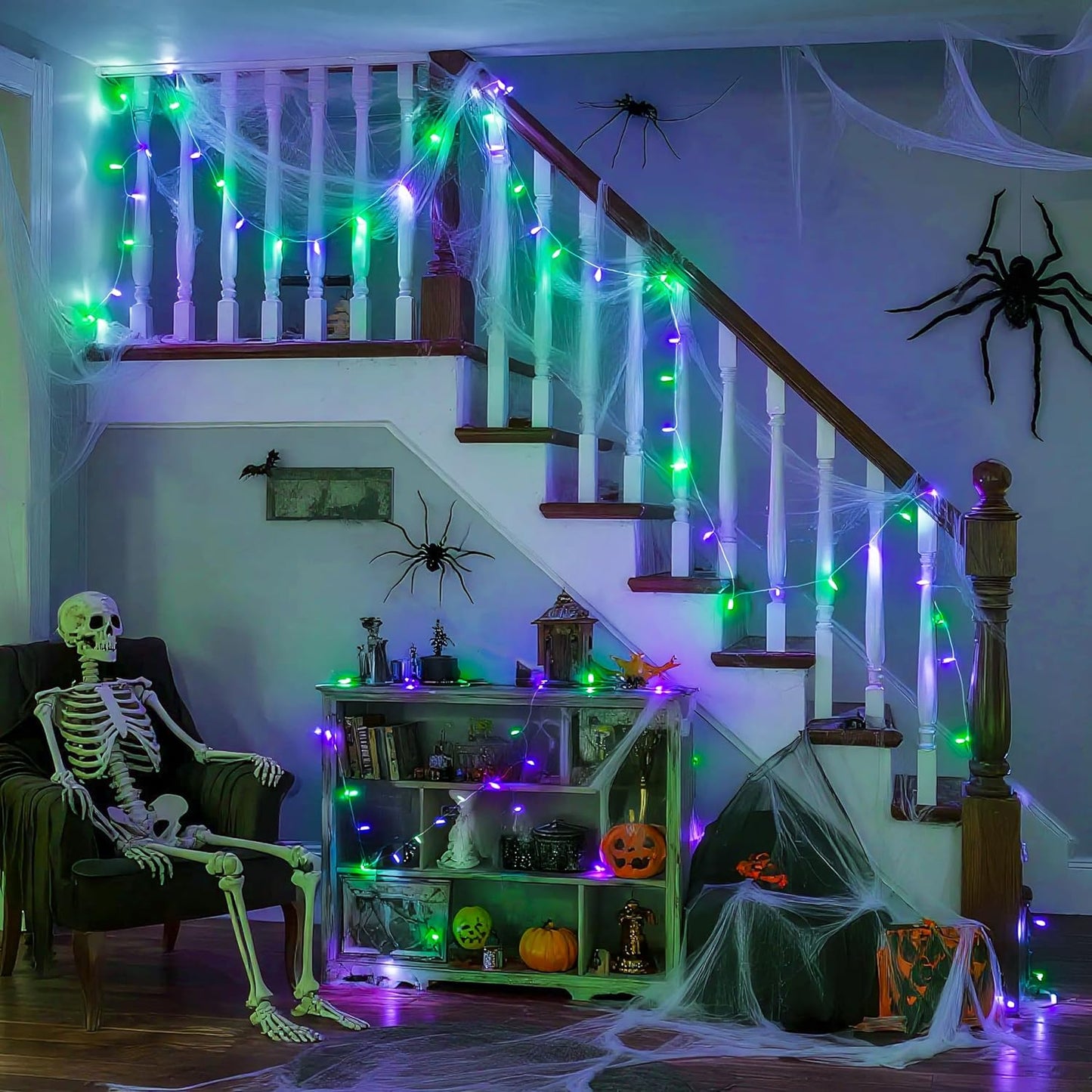 JMEXSUSS Connectable Purple and Green Halloween Lights Plug-in, 8 Modes 100 LED Twinkle String Light Indoor, Clear Wire Christmas Lights Outdoor Waterproof for Halloween Christmas Decor