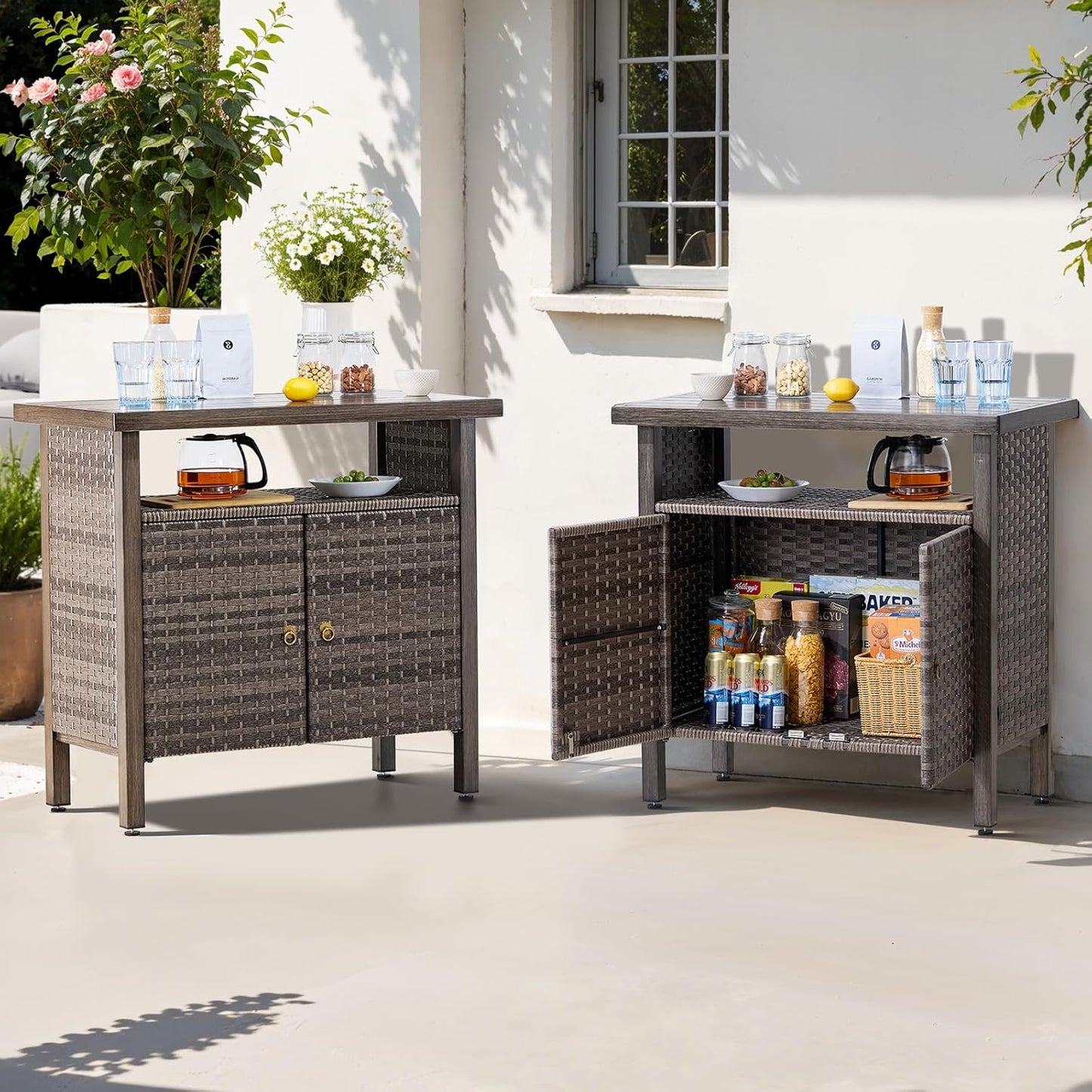 Outdoor Storage Cabinet, Woven Rattan Bar Table with 2 Doors, Slatted-Top, Wicker Console Table for Patio, Garden, Backyard, Kitchen - Brown
