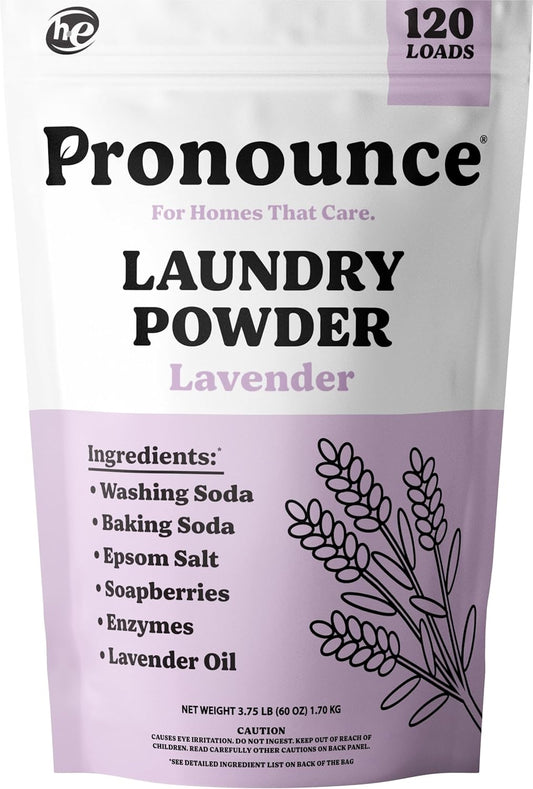 Pronounce Laundry Detergent Powder Alternative | Earth-Derived Ingredients, Eco-Friendly, Safer for Sensitive Skin, Eczema, and Babies. Stain + Smell Fighting. HE Safe (Lavender, 120 Loads).