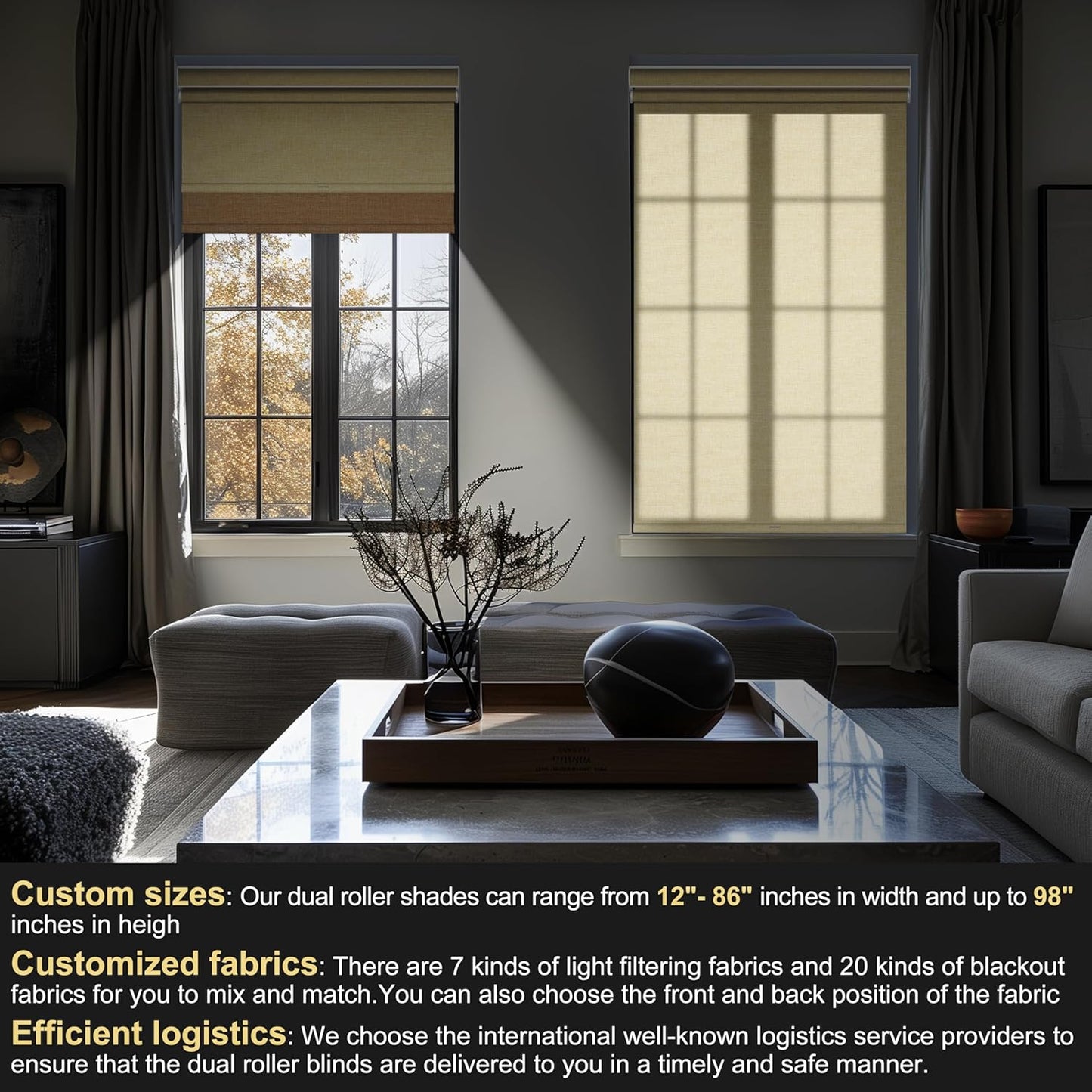 BERISSA Cordless Dual Roller Shades with Cassette Valance,Double Window Shades Blackout and Light Filtering Shades,Day and Night Roller Shades for Home Office Door.Linen Beige.72 W x 56" H