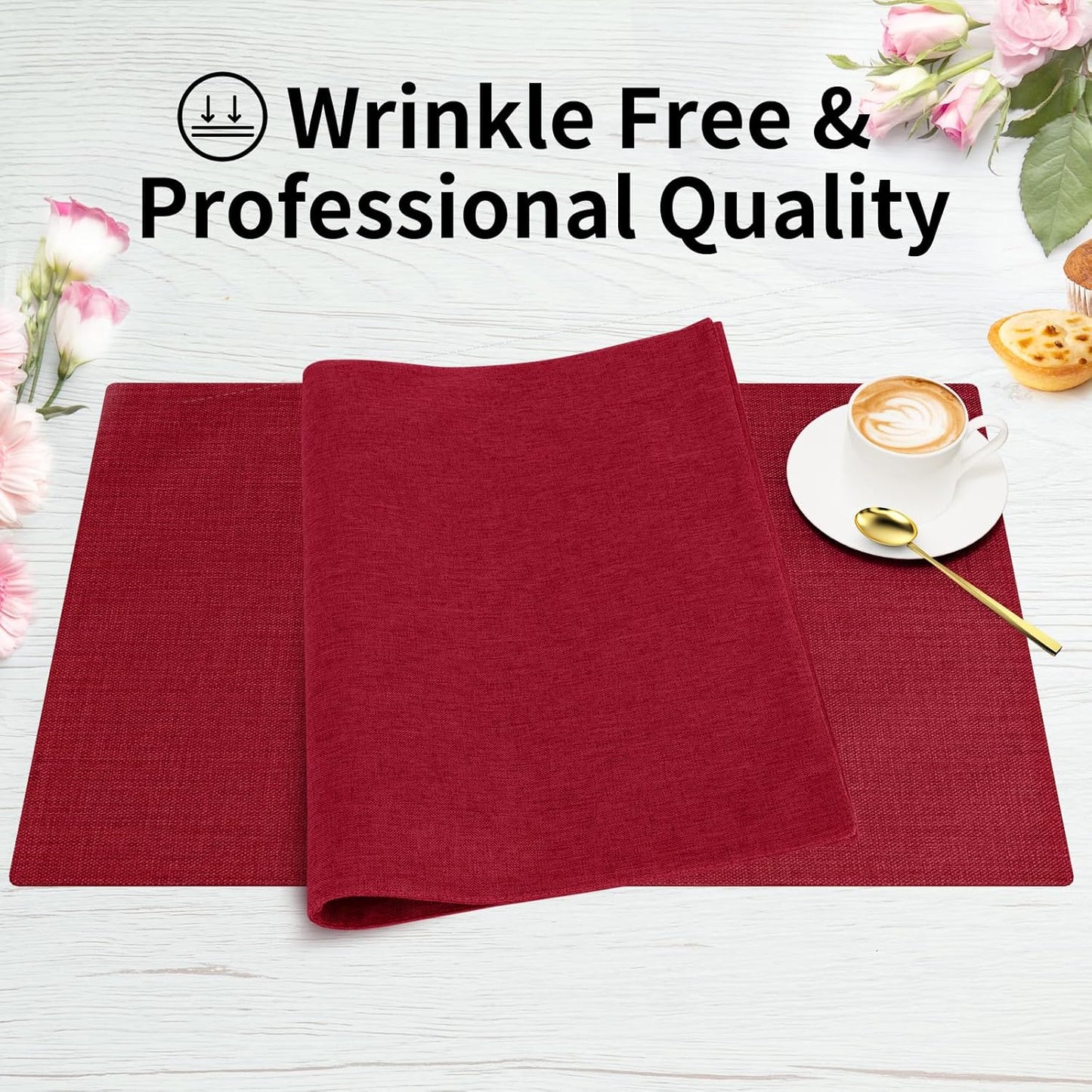 Cloth Placemats, Set of 6 Heat-Resistant Cotton Linen Blend Double Layered Machine Washable Place Mats, Wrinkle Free Thick Fabric Dining Table Mats for Indoors & Outdoors (Burgundy, 6)