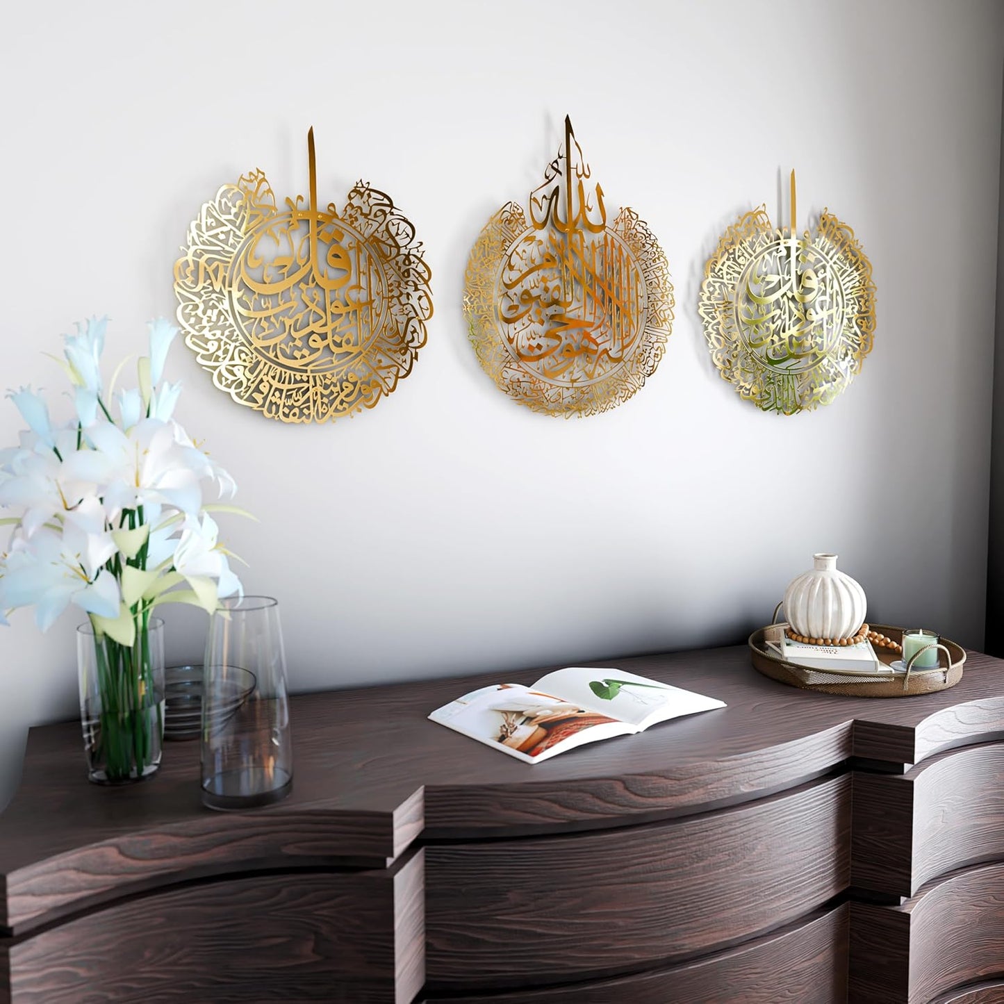 iwa concept Set of 3 Ayatul Kursi, Surah Al Falaq, Surah An Nas Islamic Metal Wall Art, Quran Wall Art, Arabic Calligraphy, Pray Room Decorations (M, Shiny Gold)