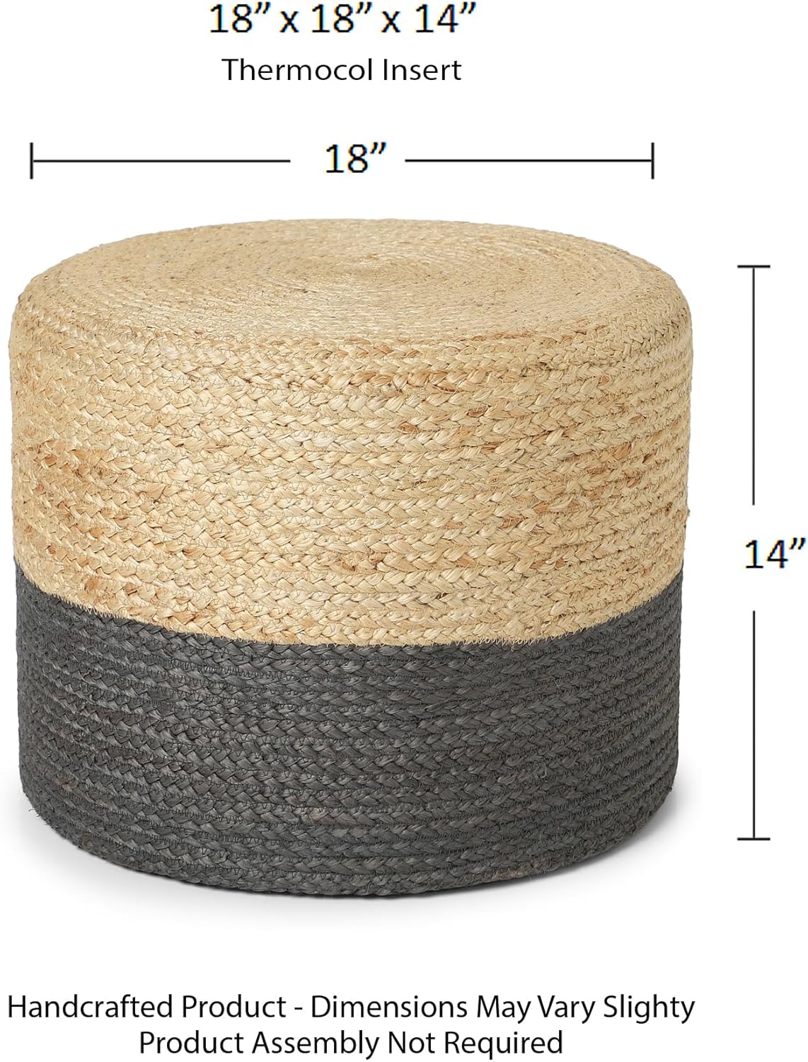 REDEARTH · Cylindrical Pouf Foot Stool Ottoman - Jute Braided Pouffe Poof Accent Sitting Footrest for Living Room, Bedroom, Nursery, Patio, Lounge & Other Rooms (Natural Gray, 18"x18"x14")