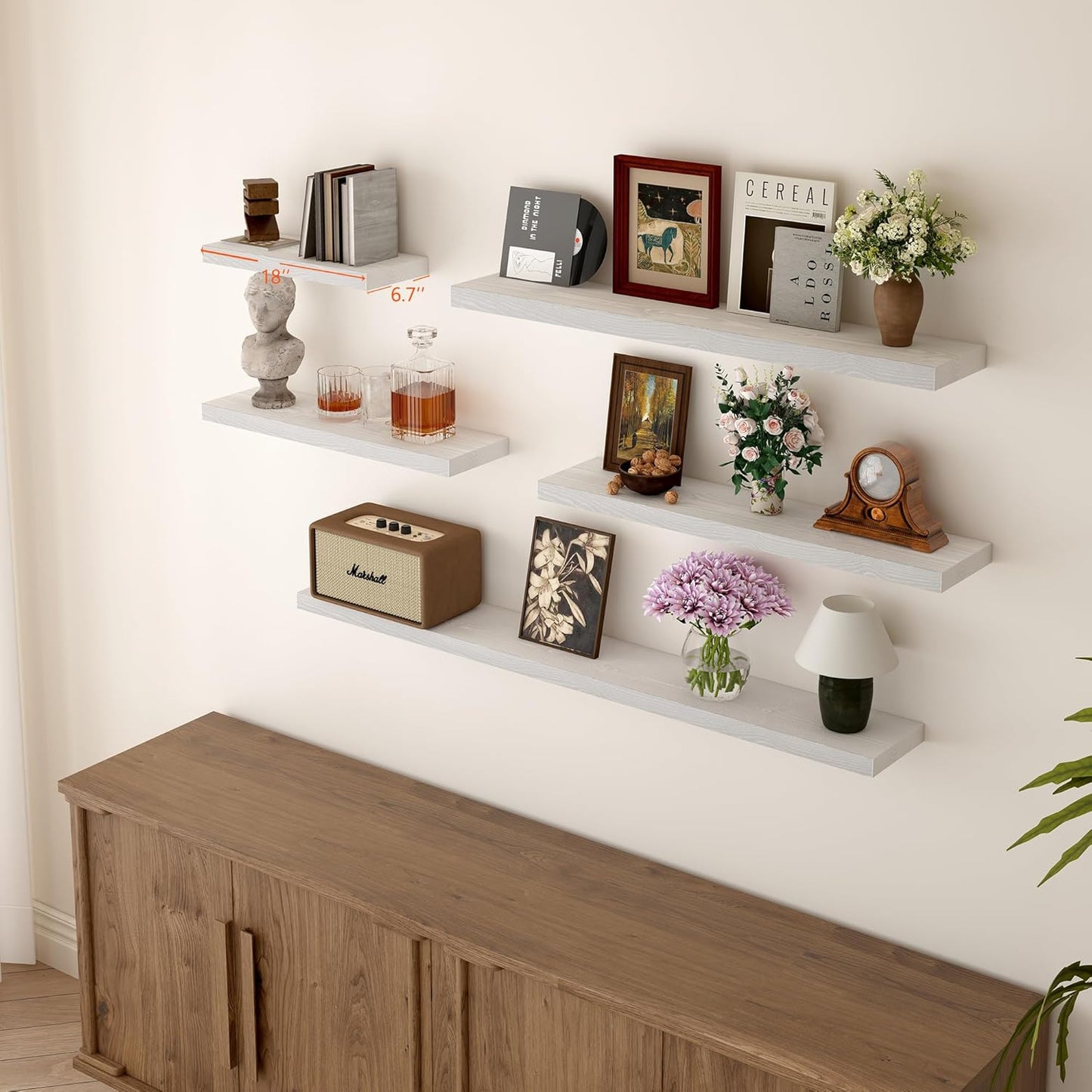 BGMG Wood Floating Shelves 18 inch,White Floating Shelves for Wall,Solid Wood Wall Shelves for Bathroom Living Room Bedroom Kitchen Farmhouse Set of 2-18x 6.7 x1.25 inch