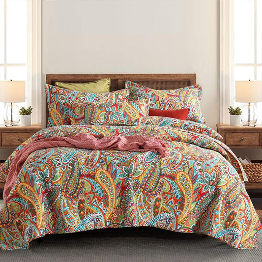 Autumn Dream Cotton Bedspread Quilt Sets, 3 Pieces Reversible Comforter Coverlet Sets, Yellow Gorgeous Paisley Bedspread,King Size