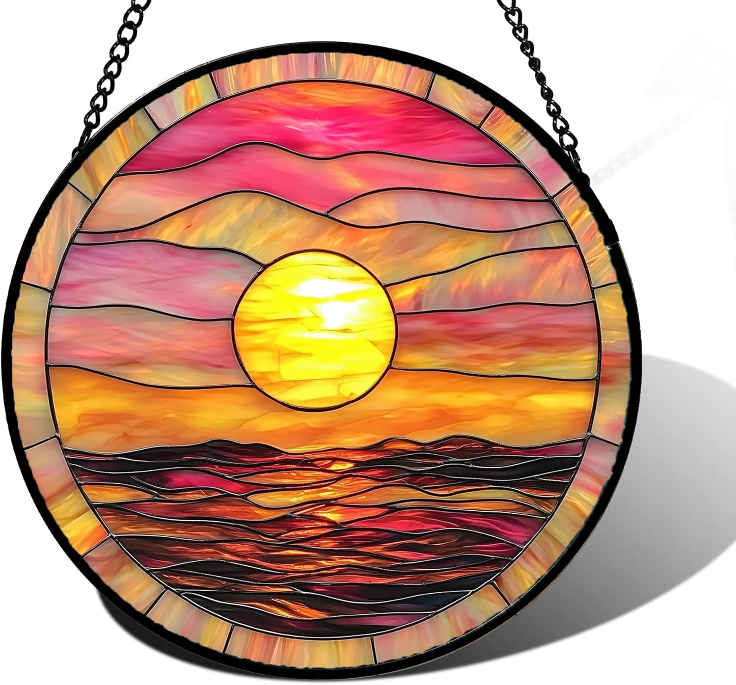 Stained Glass Window Hanging, Sunrise Sea Surface Sun Catchers Diamond Glass Panel Hangings Abstract Suncatcher Decor for Birthday for Women, Men, Wife, Aunt, and Mom 11.8 in
