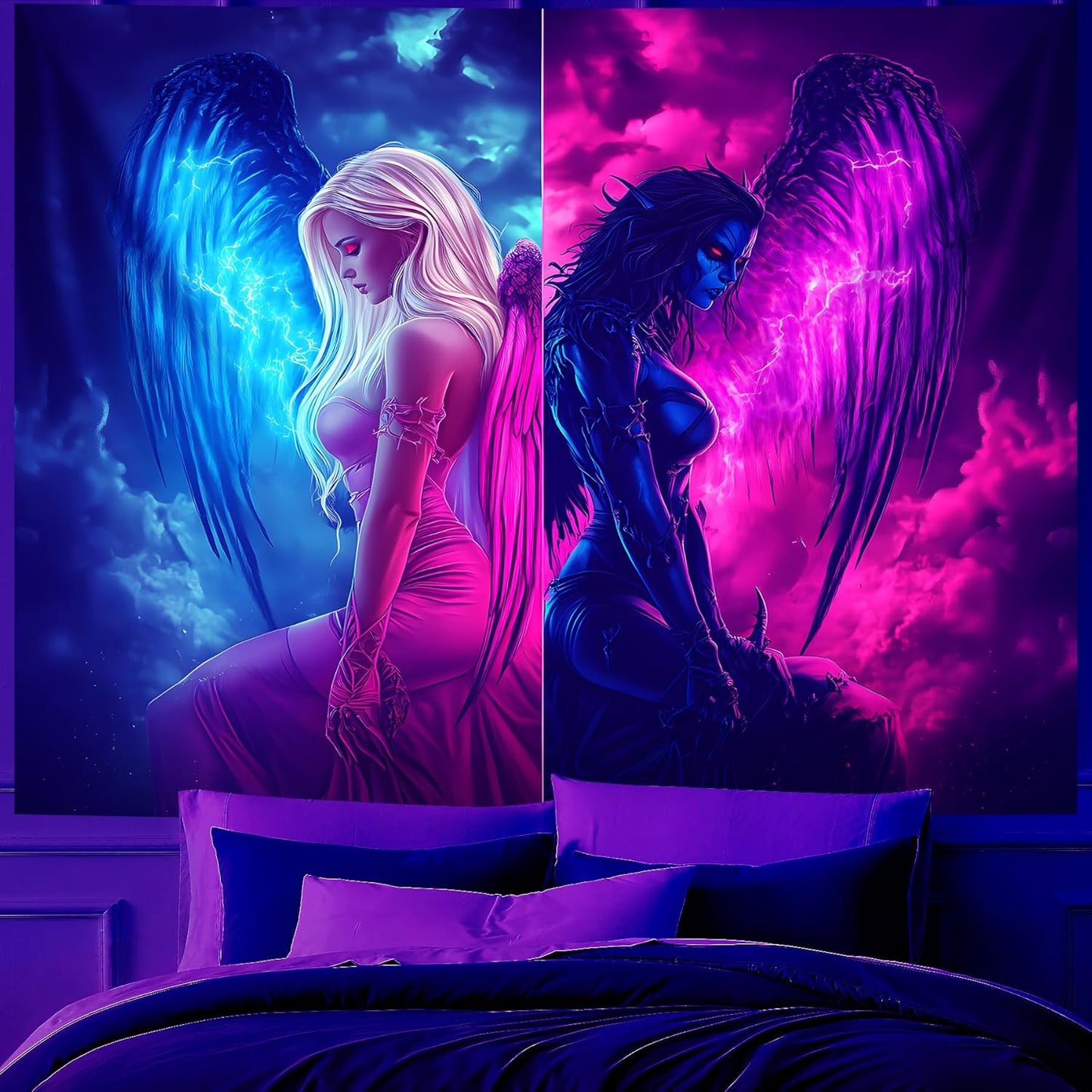 Blacklight Tapestry,WingTapestry Glow In The Dark,UV Reactive Black Light Upright Posters Wall Hanging for Bedroom Dorm Living Room Backdrop Decor (wing7, 79L" x 59W")