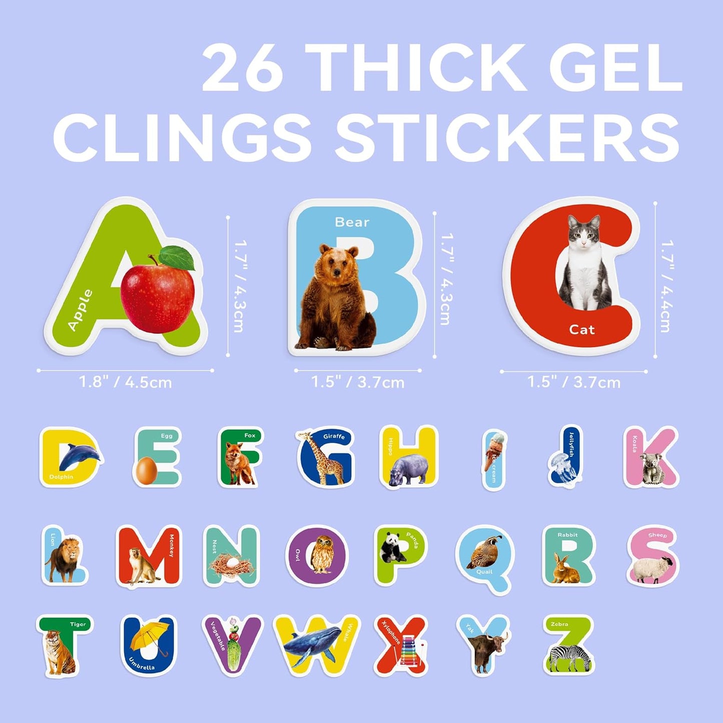 26 PCS Letter Gel Stickers - Thick, Removable Alphabet & Animal Window Clings for Toddlers. Great for Home, Classroom, Nursery Decor and Toddler Animal Party Supplies