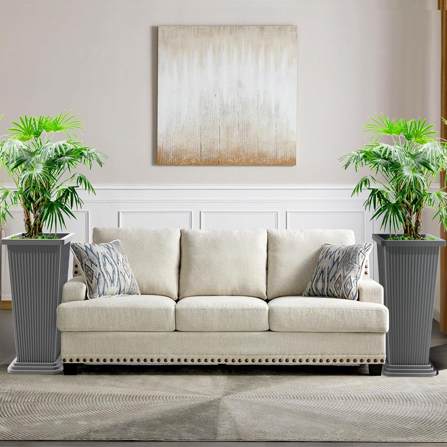 FENCY Set of 2 Tall Planters for Outdoor Plants, 24 Inch Large Tapered Pots with Drainage Trays, Weather-Resistant Plastic Plant Containers for Patio, Porch, Garden, Front Door Decor,Gray,Striped