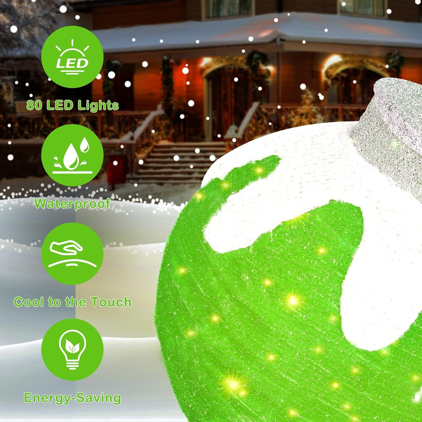 BRIGHTDECK Outdoor Christmas Ball Decoration, 80 LED Lights, 8 Light Modes, Pop-Up Collapsible Holiday Ornament (Green)