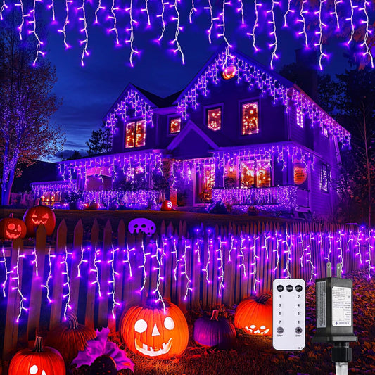 JMEXSUSS Purple Halloween Lights Outdoor, 800 LED Purple Icicle Lights Outdoor Waterproof, 8 Modes String Light Plug in for Fireplace Tree Garden Patio Halloween Decor