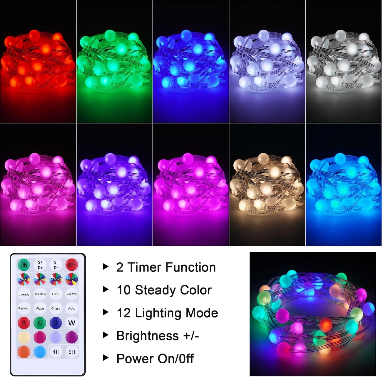 Fairy Lights Color Changing 16.5FT String Lights with Remote, 2-Pack Mini Ball LED Twinkle Lights USB Plug or Battery Powered for Indoor Outdoor Waterproof Party Garden Camping Decoration