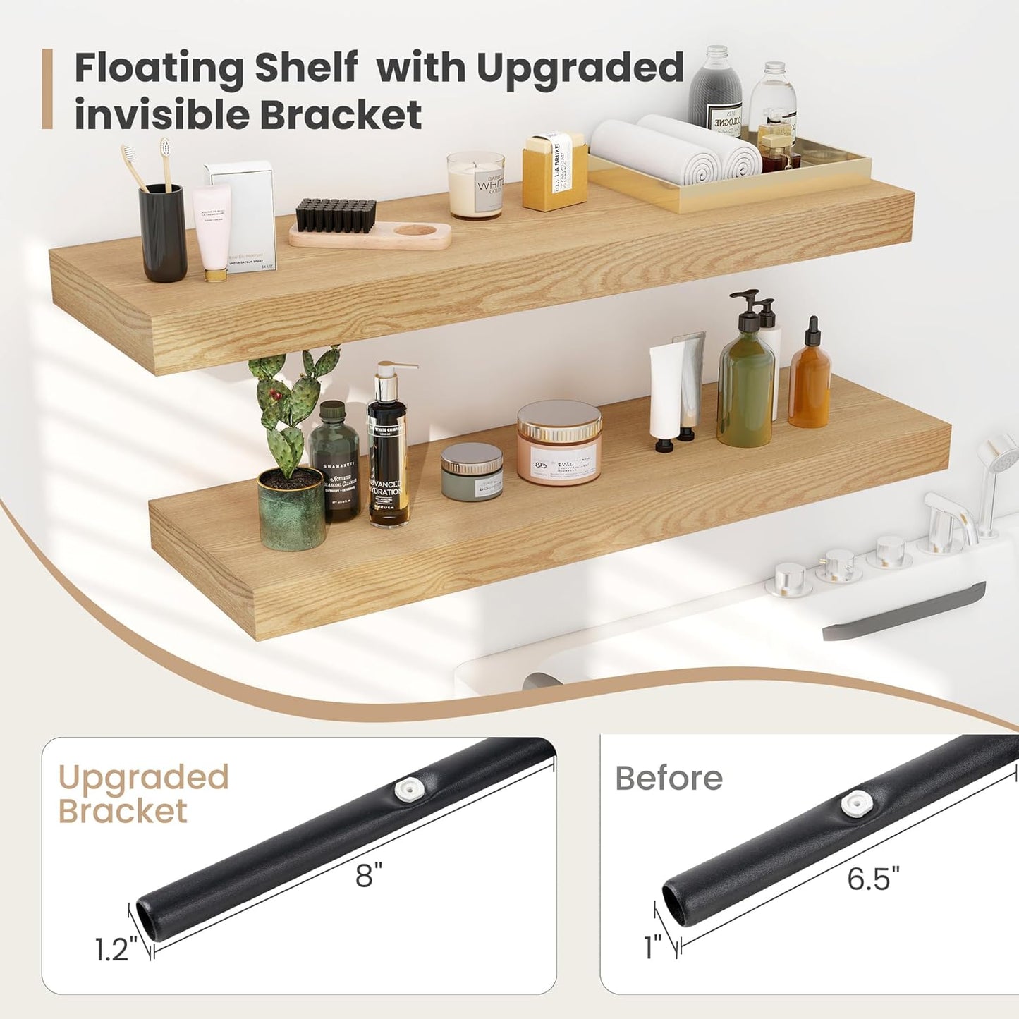 Heimlove 24 x 12 Inch Deep Floating Shelves Wall Mounted with Invisible Brackets,Storage Hanging Shelf for Wall Decor in Bathroom, Bedroom, Toilet, Kitchen, Living Room, Office Set of 2 (Oak)