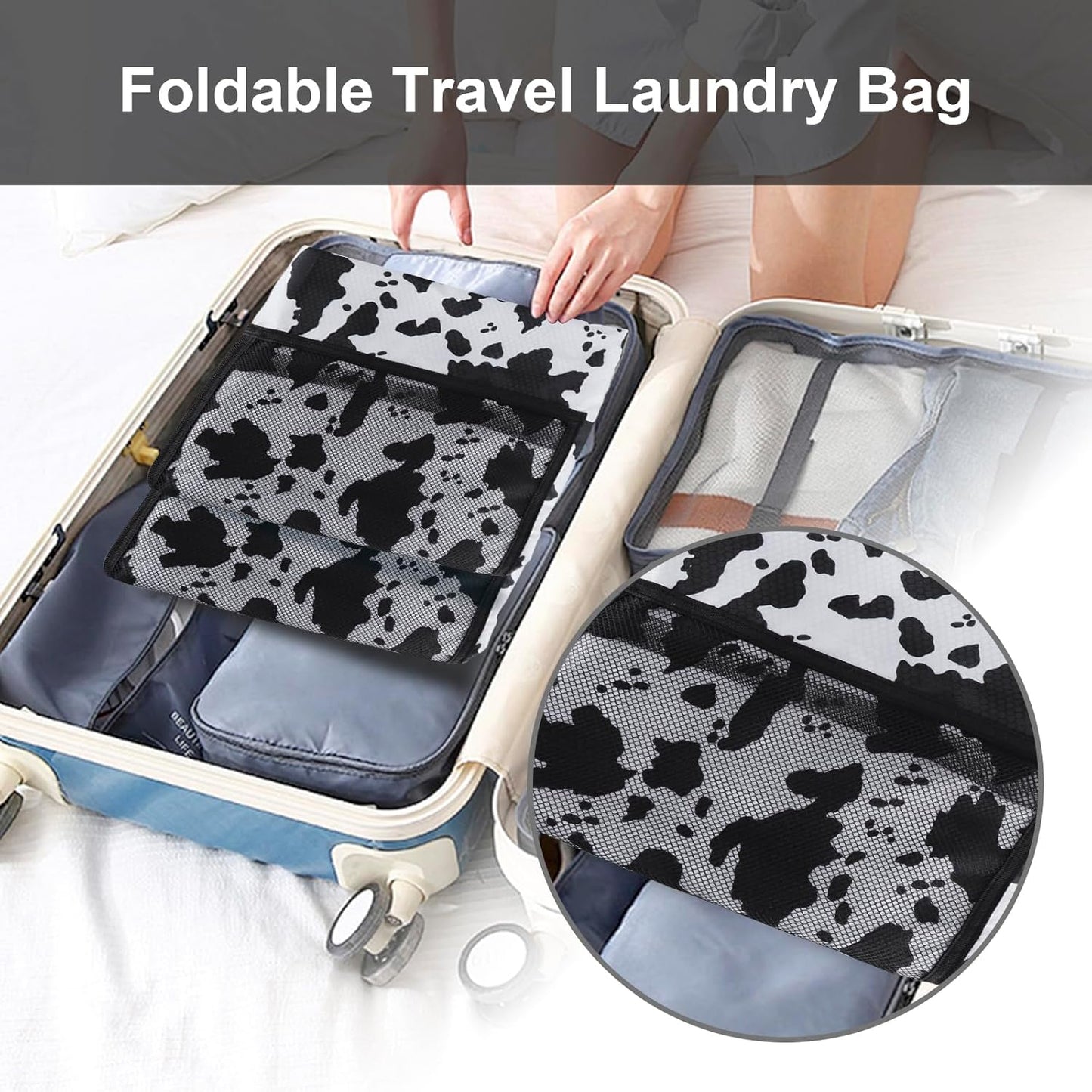 Femuar Laundry Bag Backpack Durable Laundry Bag with Shoulder Straps and Mesh Pockets Portable Laundry Dirty Clothes Hamper Bag for College Dorm (Cow Print)