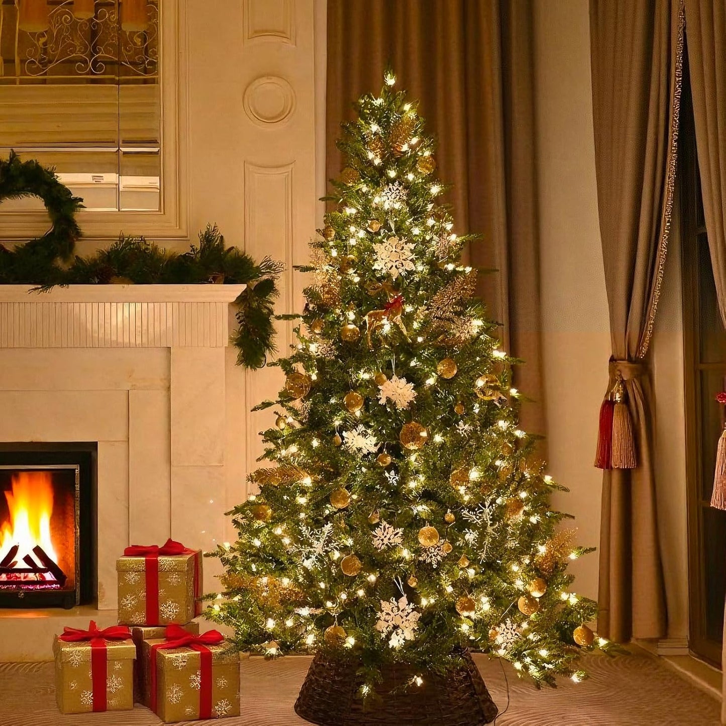 5FT Pre-Lit Artificial Christmas Tree with 1032 PE&PVC Mixed Branch Tips, 300 Warm White Lights, Hinged Premium Spruce Fake Xmas Trees, Green, Foldable Base