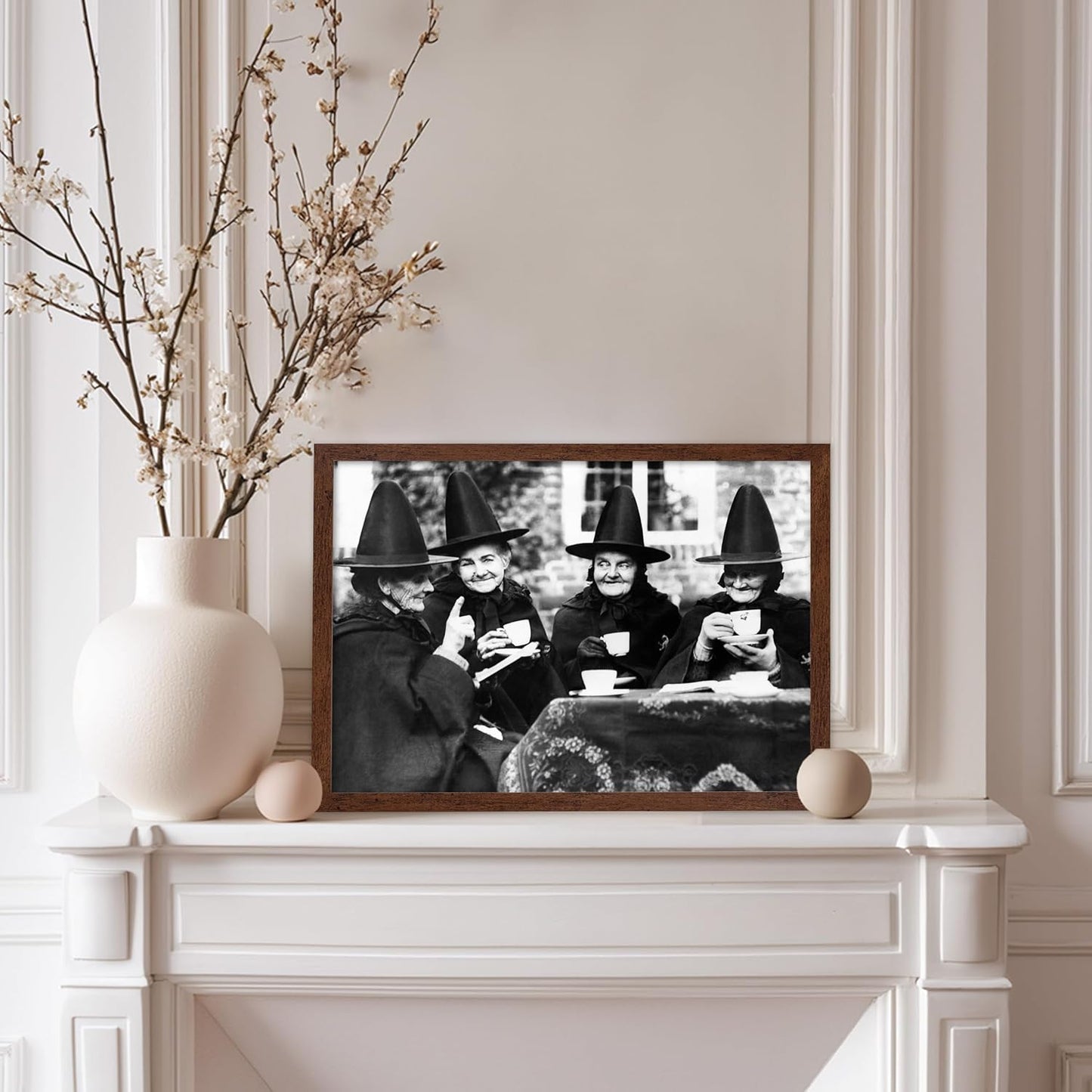 Poster Master Classic Photograph Poster - Vintage Halloween Print - Gift for Artist, Friend - Witches Tea Party, Old Women Smiling, Wearing Robes - Wall Decor for Living Room, 11x14 Brown Framed