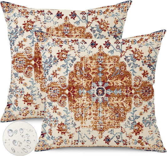 Outdoor Waterproof Pillow Set of 2 - 18X18 Inch Bohemian Vintage Carpet Pattern Pillow Covers in Brown and Blue Ethnic Design for Decorative Farmhouse Couch, Garden, Balcony