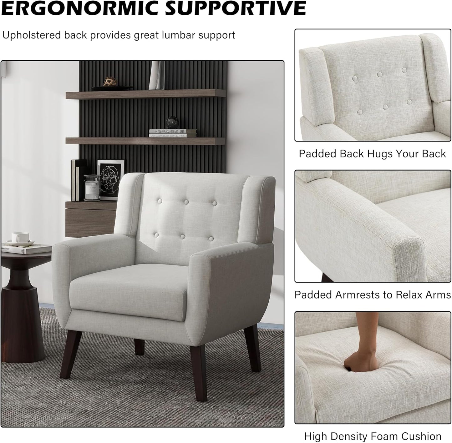 UIXE Accent Chair, Modern Upholstered Armchair in Fabric for Living Room, Comfy Club Arm Chairs Single Sofa Button Tufted Bedroom Reading Seat - Beige, Set of 4