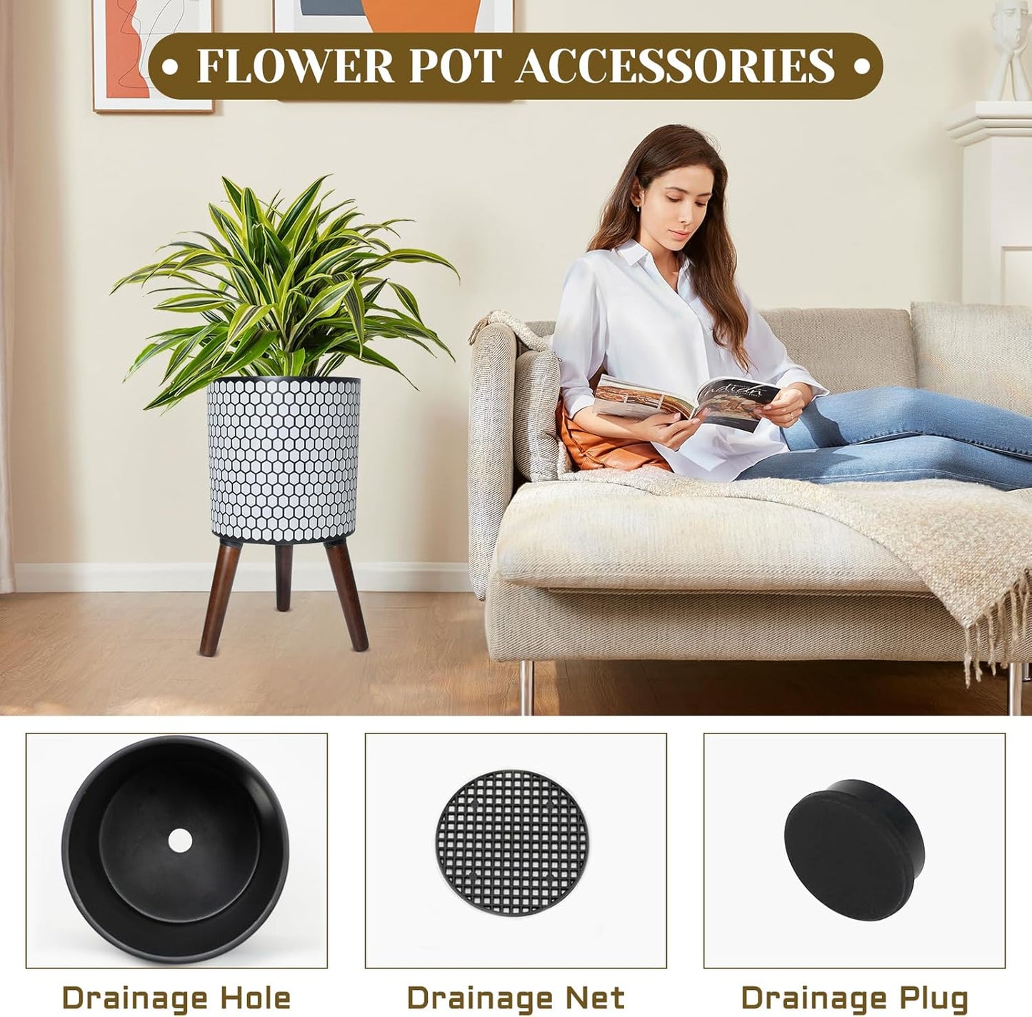 Flower Pot with Legs Tall Flower Pot with Drainage Holes for Indoor and Outdoor Decorative Planting (White Black Honeycomb, 10 Inches)