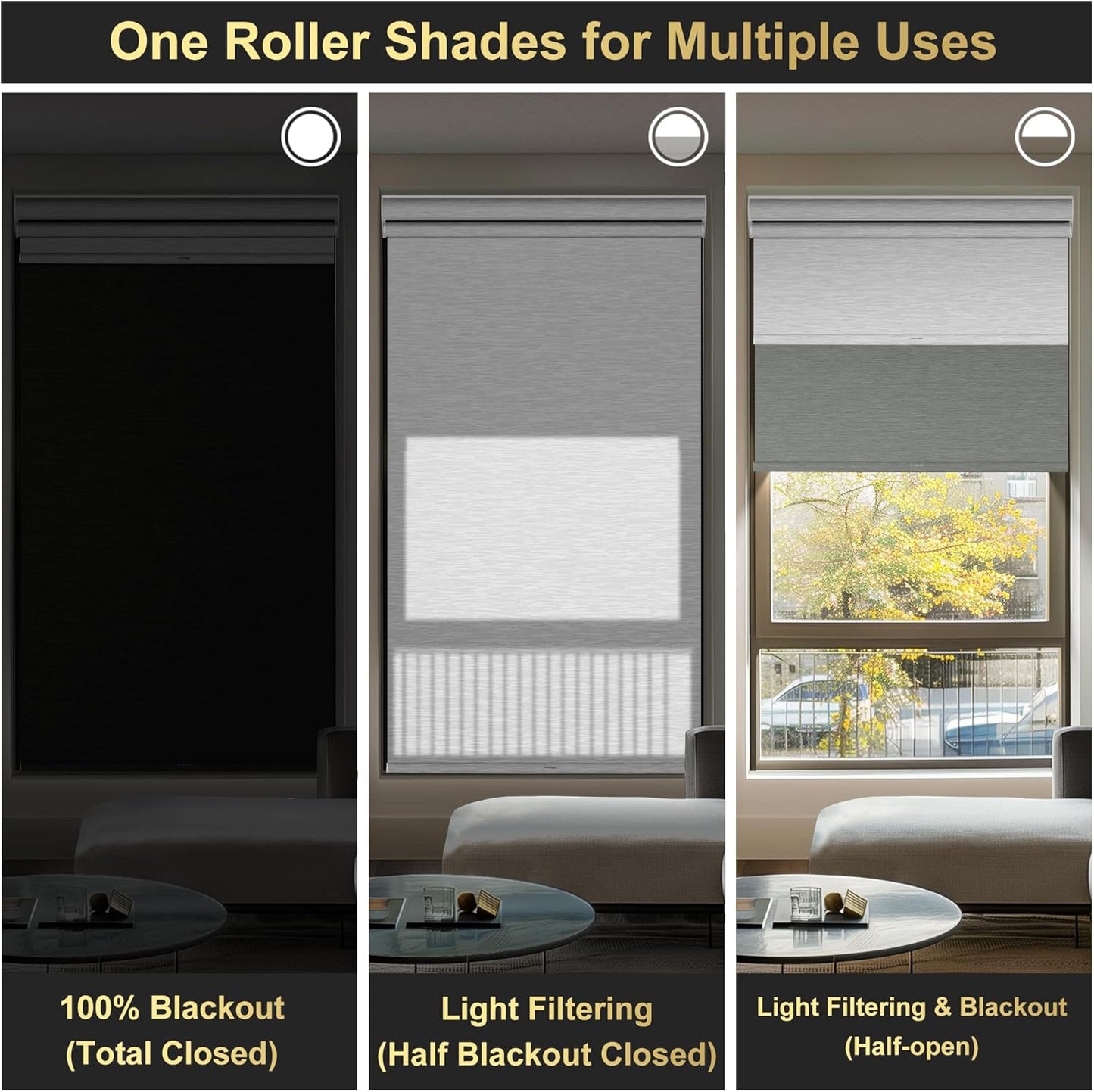 BERISSA Cordless Dual Roller Shades with Cassette Valance, Double Window Shades - Blackout and Light Filtering, Day and Night for Home Office Door - Grey and White. 76 W x 44" H
