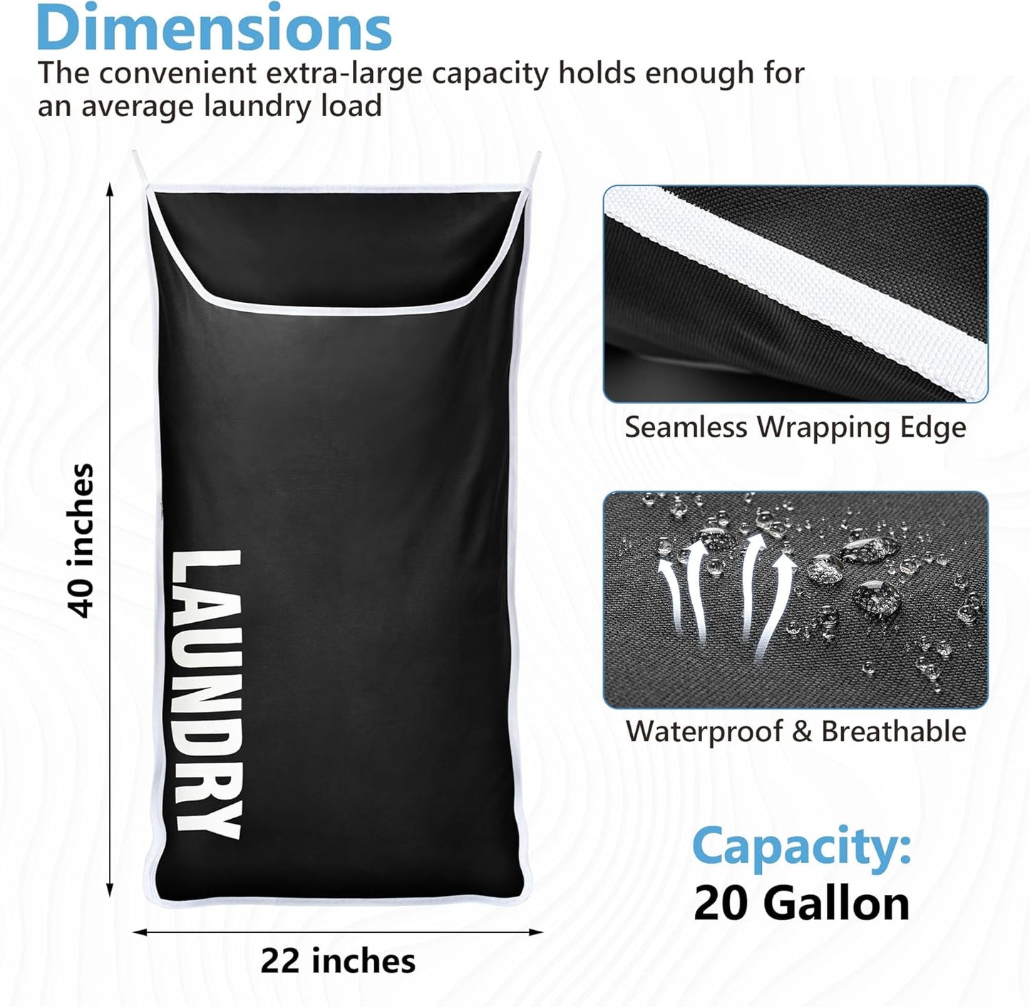 Hanging Laundry Hamper Bag XL 40x22", Space Saving over the Door Storage Bags, Behind the Door Hampers for Dirty Clothes & Wall Mounted Basket for Bathroom, Organizer for Small Room Spaces RV