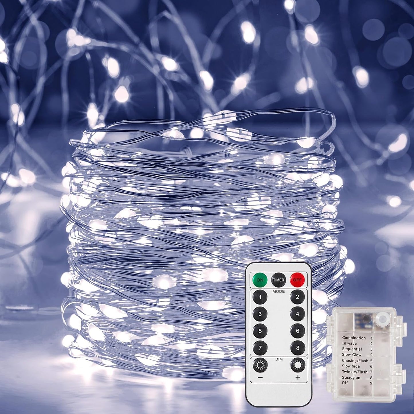 2 Pack 16.4 Ft. Battery Operated Outdoor String Lights with Remote & Timer, LED Cool White Fairy Lights, Waterproof Twinkle Lights for Bedroom, Dorm, Mason Jar, Wedding, Party, Christmas