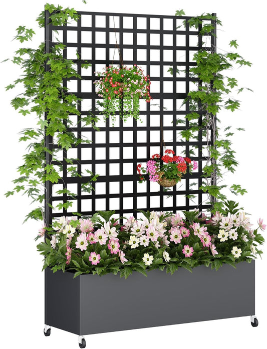 Metal Planter Box with Trellis Privacy Screen, Raised Garden Bed with Lattice Trellis & Wheels, Privacy Planters for Patio, Planter Box for Climbing Plants, Flower, 73"x 47"x 16", Black