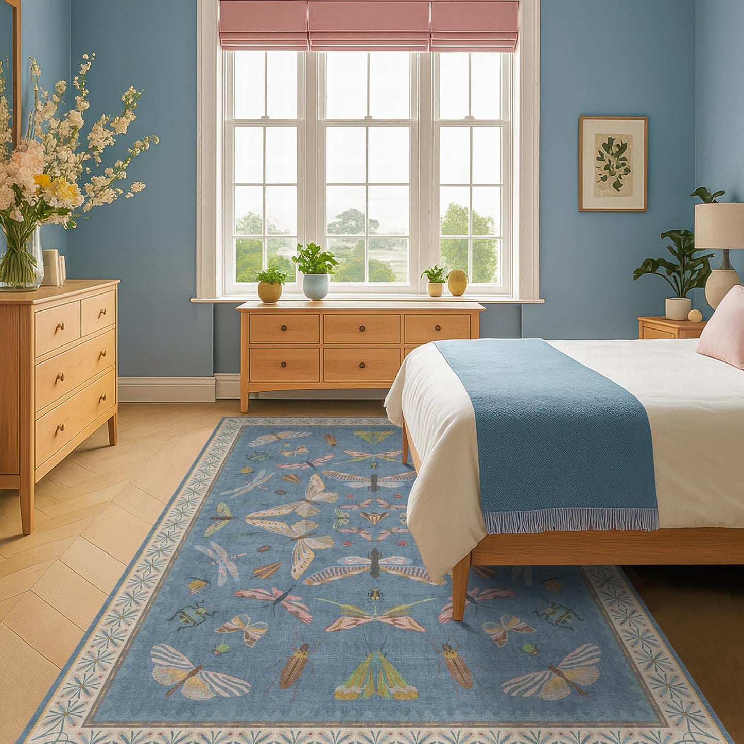 Modern Rugs for Living Room - 5x8 Moth Blue Carpet for Bedroom Under Bed, Girls Room Rug for Kids, Washable Non Slip Soft Floor Décor