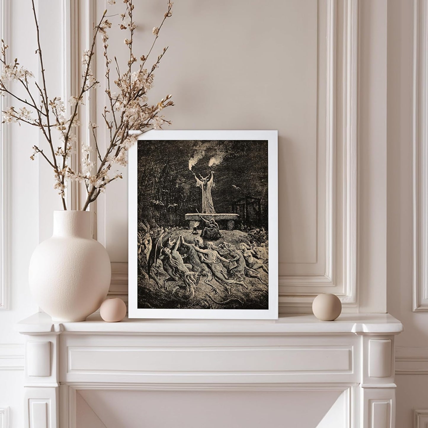 Poster Master Vintage Gustave Dore Poster - Retro Illustration Print - Gift for Gothic, Horror Fan - Dance of Sabbath, Witch, Magic, Spell - Wall Decor for Bedroom, Dorm, 8x10 White Framed