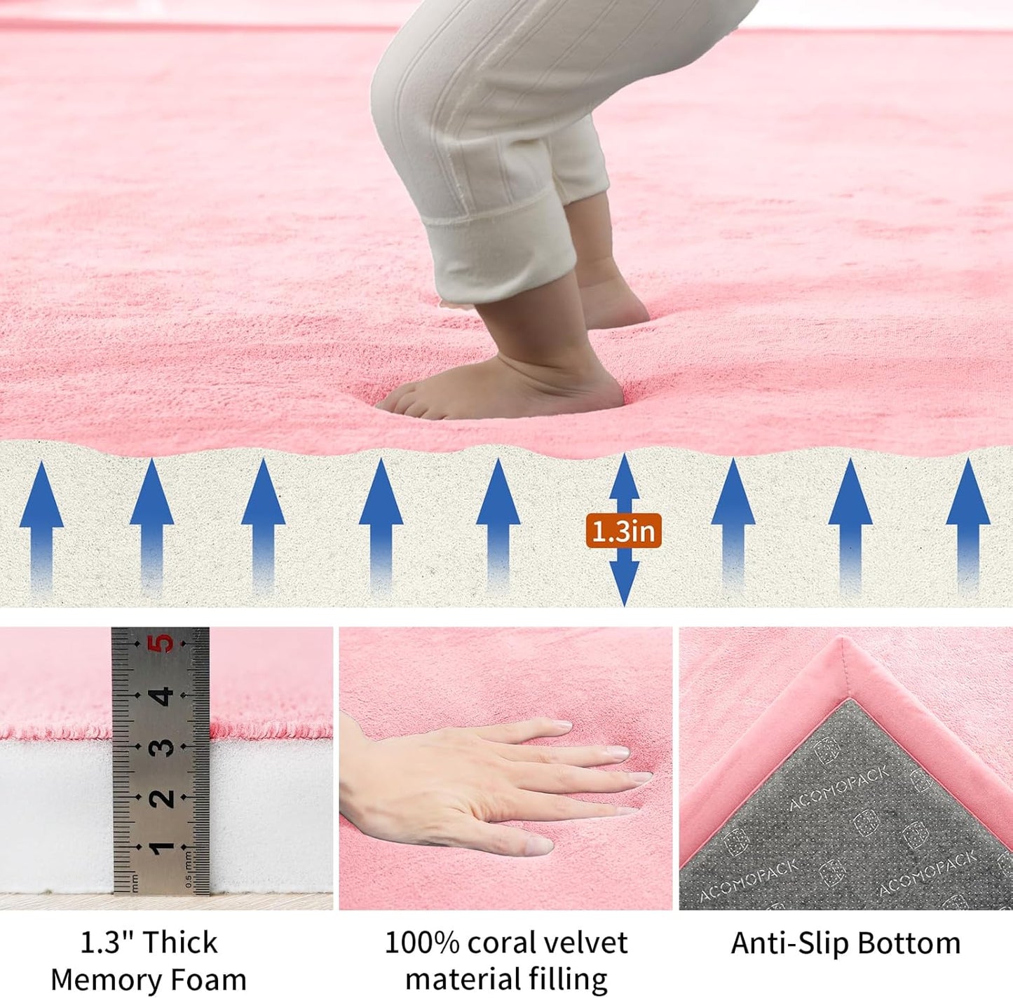 ACOMOPACK Baby Play Mat for Floor,1.3" Thick Memory Foam Area Rug for Living Room,Soft Velvet Crawling with Non-Slip Bottom for Kid,Toddler,39"×59" Tummy Time Nursery Rugs,Yoga（Pink）