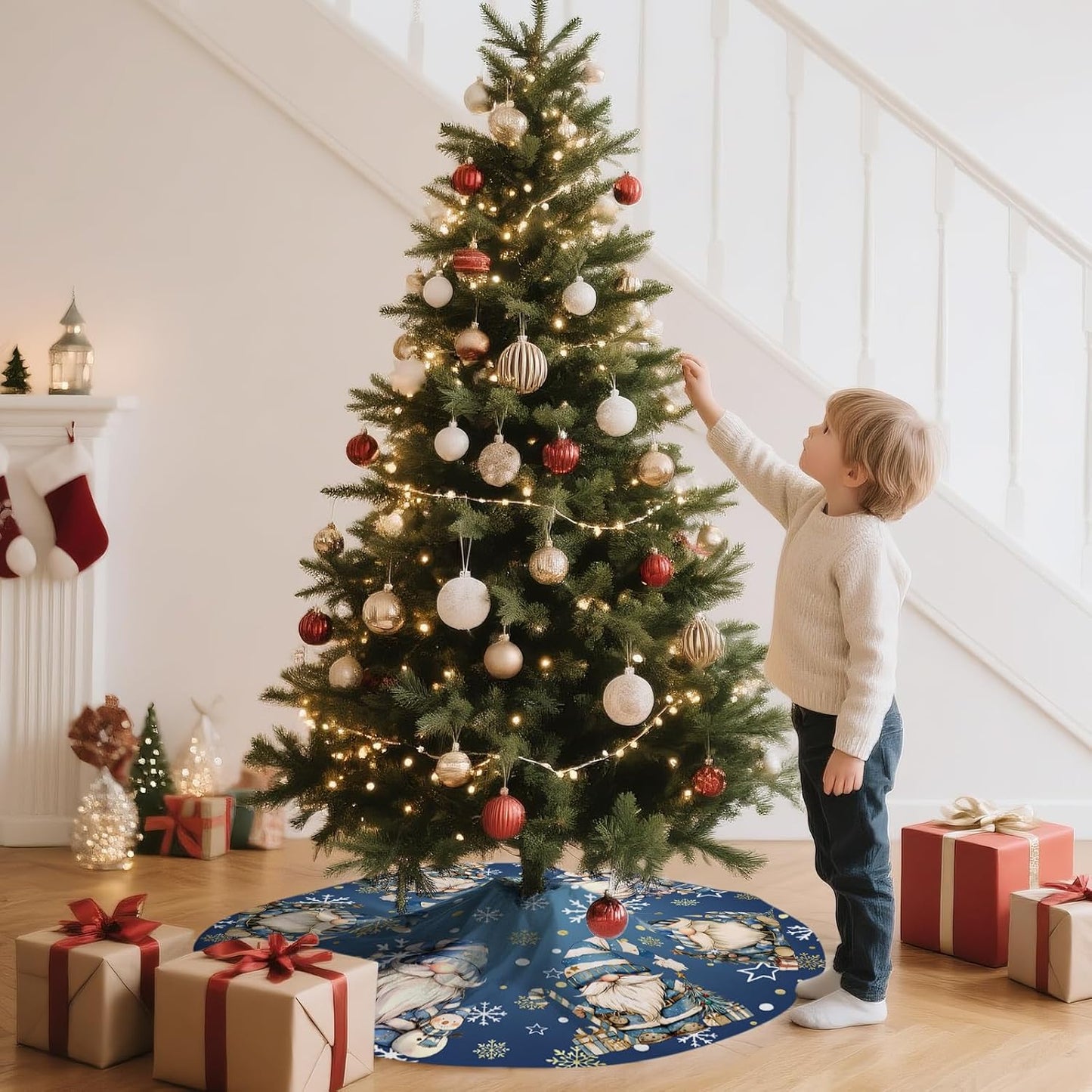 Blue Gnomes Christmas Tree Skirt Gnomes Snowflaks Christmas Decorations House Decor Winter Holiday Party Xmas Tree Skirt 36 inches