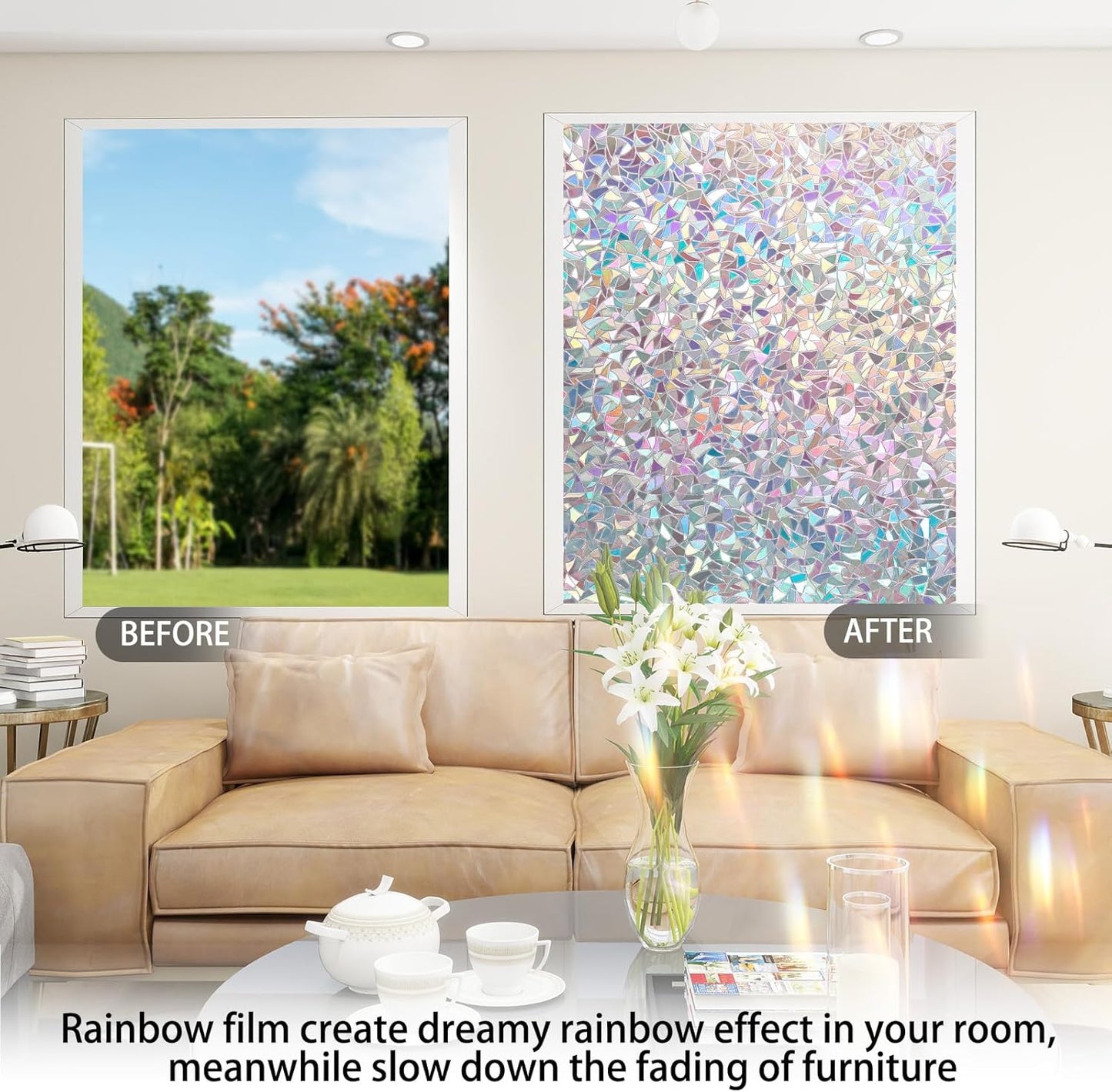 Rainbow Window Privacy Film 3D Decorative Stained Glass Window Film Anti UV Non-Adhesive Reusable 17.5" x 157.4" for Home Room Car Glass Cling