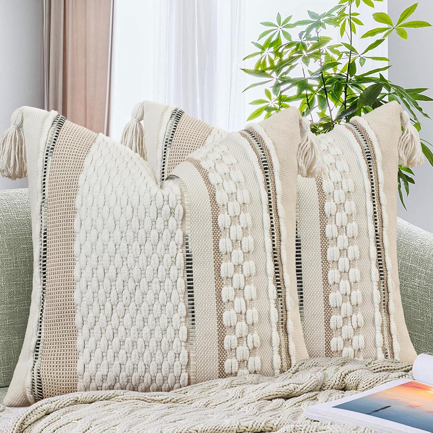 AmHoo Set of 2 Chenille Striped Textured Boho Throw Pillow Covers Aesthetic with Tassels Woven Decorative Pillow Case for Couch Bed Sofa Bedroom Modern Funky 18 x 18-Inch White