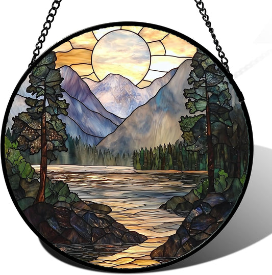 Stained Glass Window Hanging, Sunset Mountains Lake Tree Sun Catcher for Window Home Decor Landscape Suncatcher Mother's Day Birthday Gifts for Women Men Mom and Nana 11.8 in