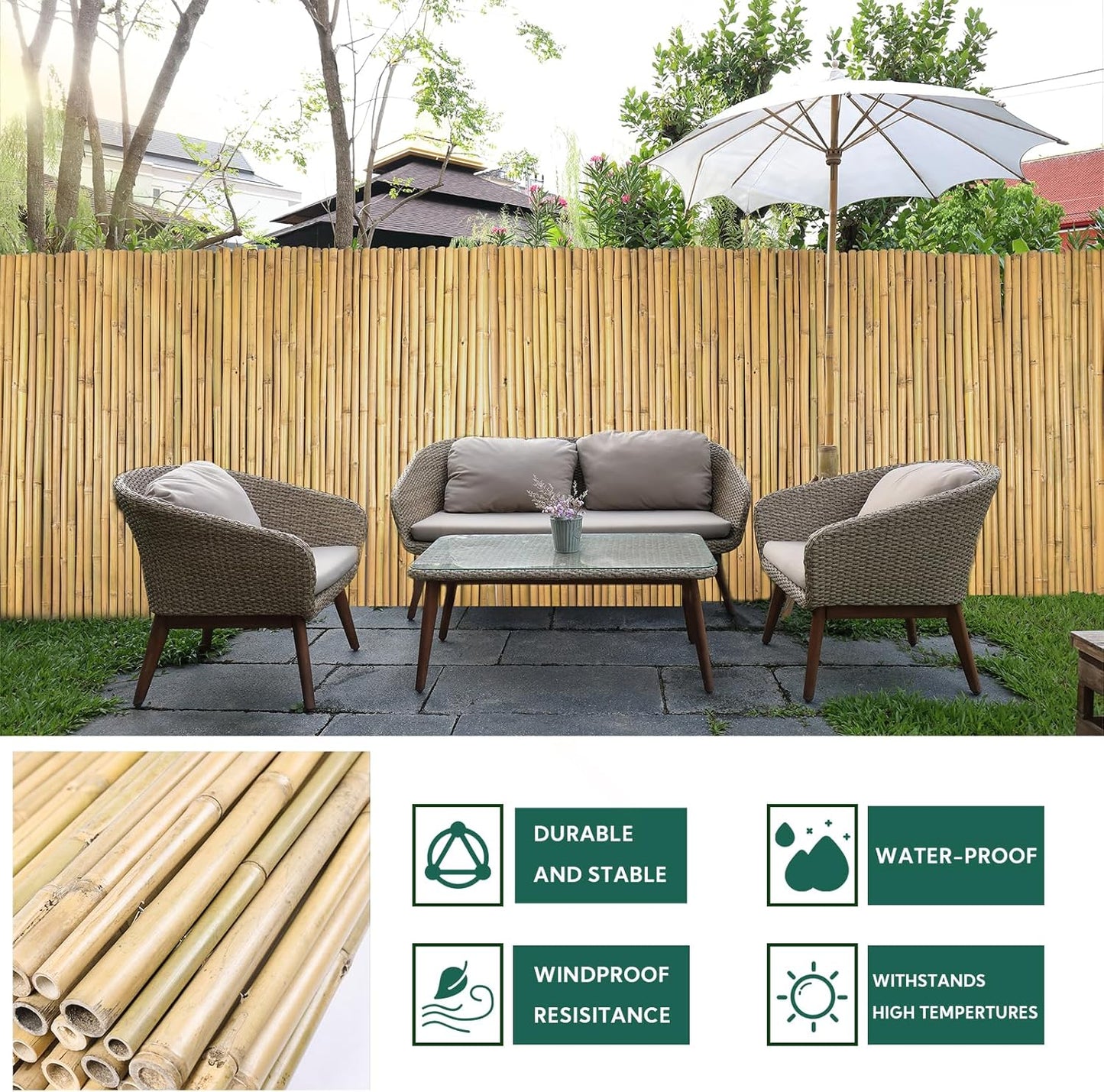 Natural Bamboo Fence 4ft H x 8ft L x 0.7In D, Eco-Friendly Privacy Fence for Outdoor Wall, Garden, Yard, Pool, Patio, Decorative Bamboo Fencing