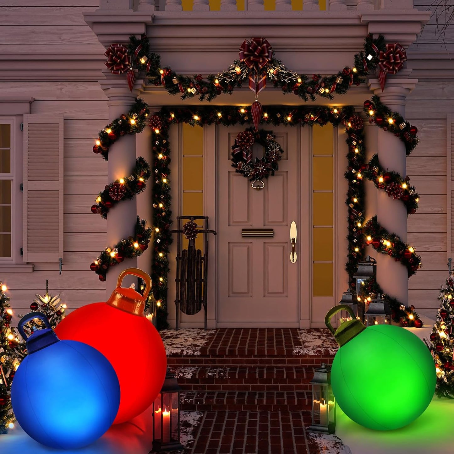 Jetec 3 Pcs Outdoor Light Up Christmas Ball Decorations Large Christmas Inflatable PVC Decorated Balls with Light 24 Inch,18 Inch Xmas Ornaments for Yard Lawn Porch(Red, Blue, Green)