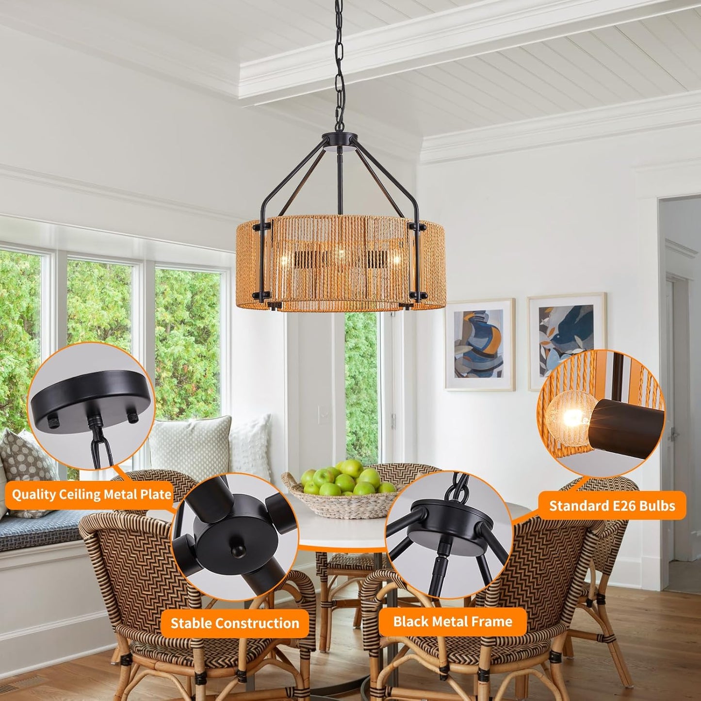 18.1" Rattan Chandelier, 4 Lights Large Black Chandelier Wicker Woven Pendant Light Boho Hanging Lamp for Living Dining Room Foyer Kitchen Island Entryway Foyer, E26, Height Adjustable