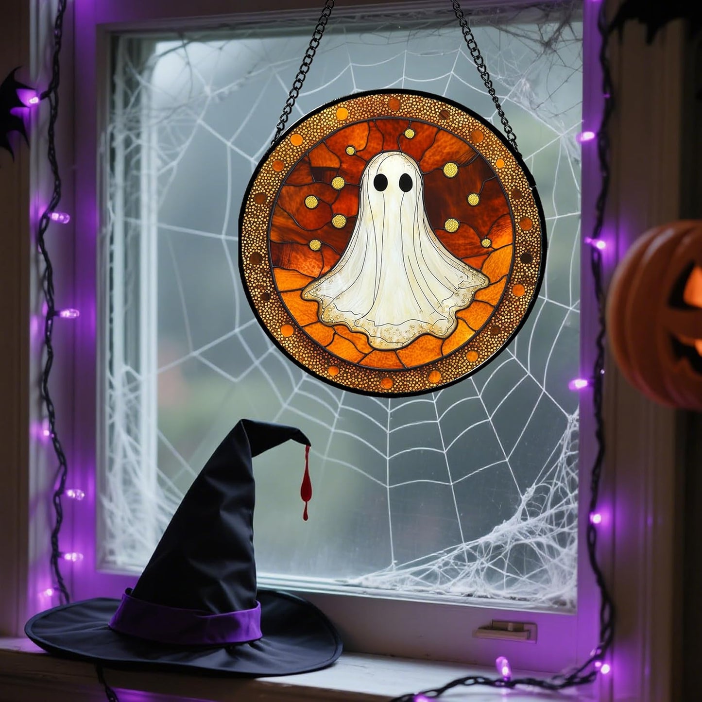 Stained Glass Window Hanging - Halloween Decorations White Ghost Suncatcher for Doors Garden Indoor Spooky Funny Orange Sun Catchers Gothic Decor Horror Gifts for Women Men Friend 7.8 in
